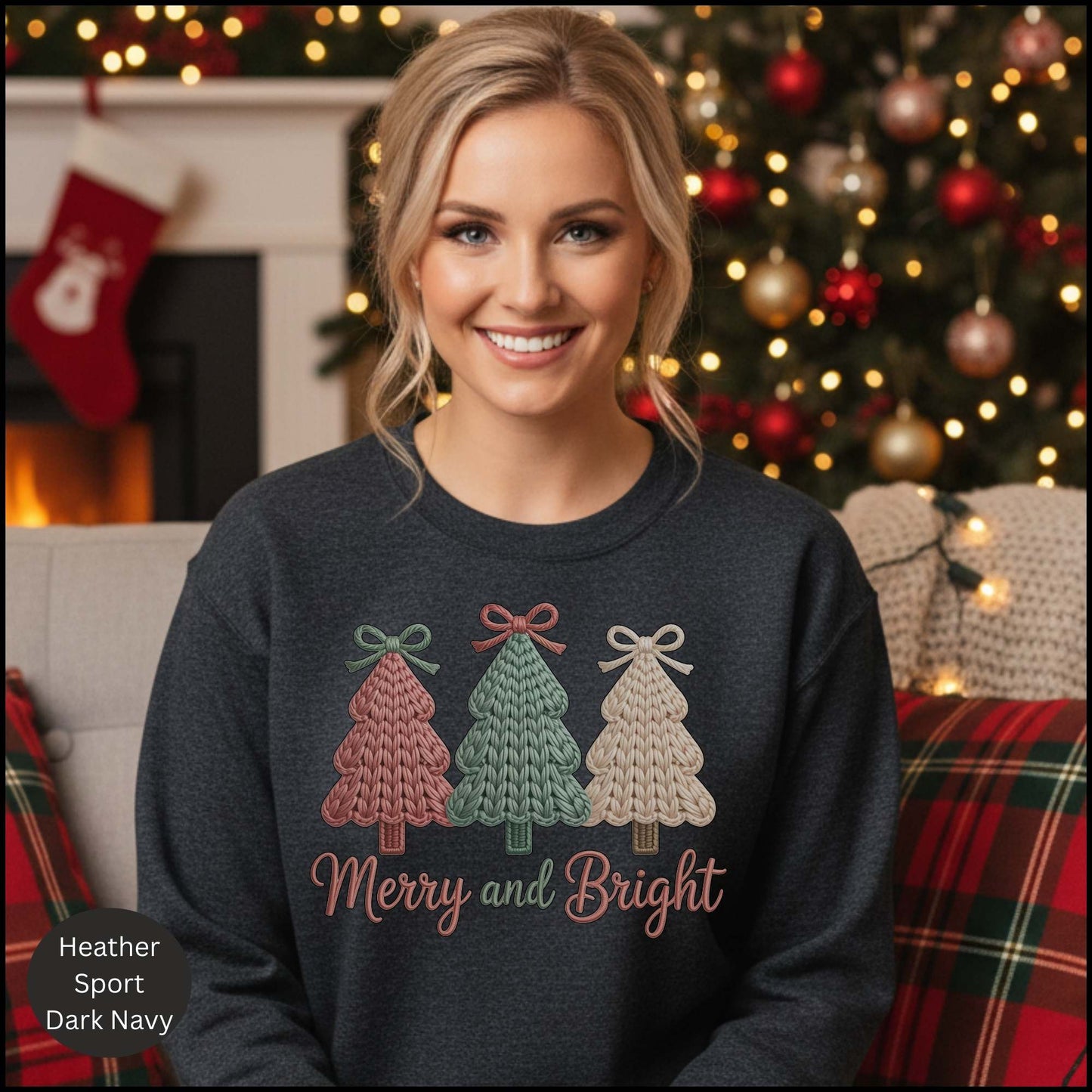 Merry and Bright Knit Christmas Trees Sweatshirt – Cozy Holiday Sweater with Pastel Winter Trees & Bows