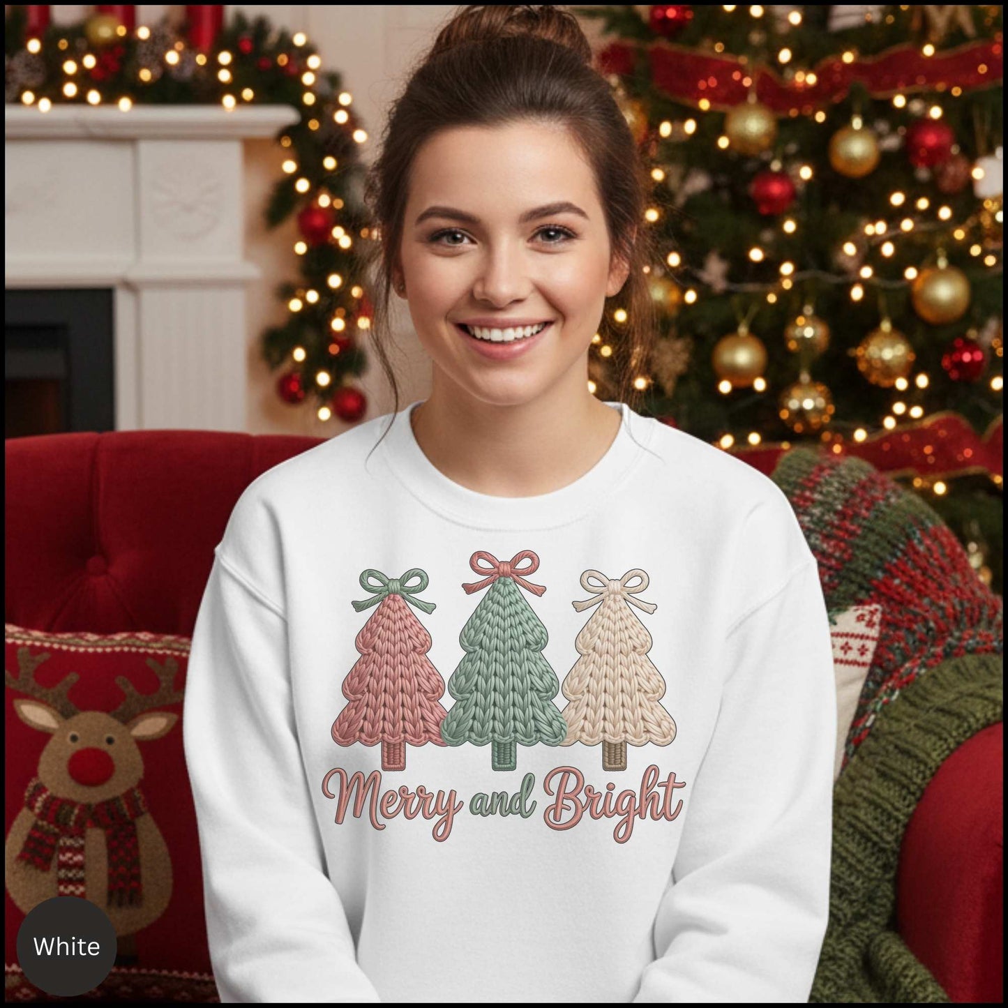 Merry and Bright Knit Christmas Trees Sweatshirt – Cozy Holiday Sweater with Pastel Winter Trees & Bows