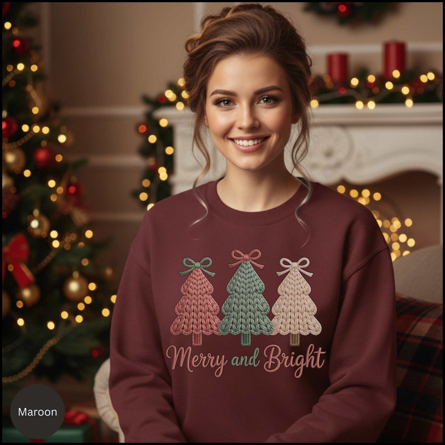 Merry and Bright Knit Christmas Trees Sweatshirt – Cozy Holiday Sweater with Pastel Winter Trees & Bows