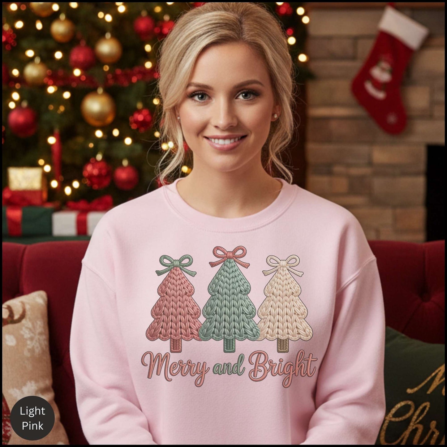 Merry and Bright Knit Christmas Trees Sweatshirt – Cozy Holiday Sweater with Pastel Winter Trees & Bows