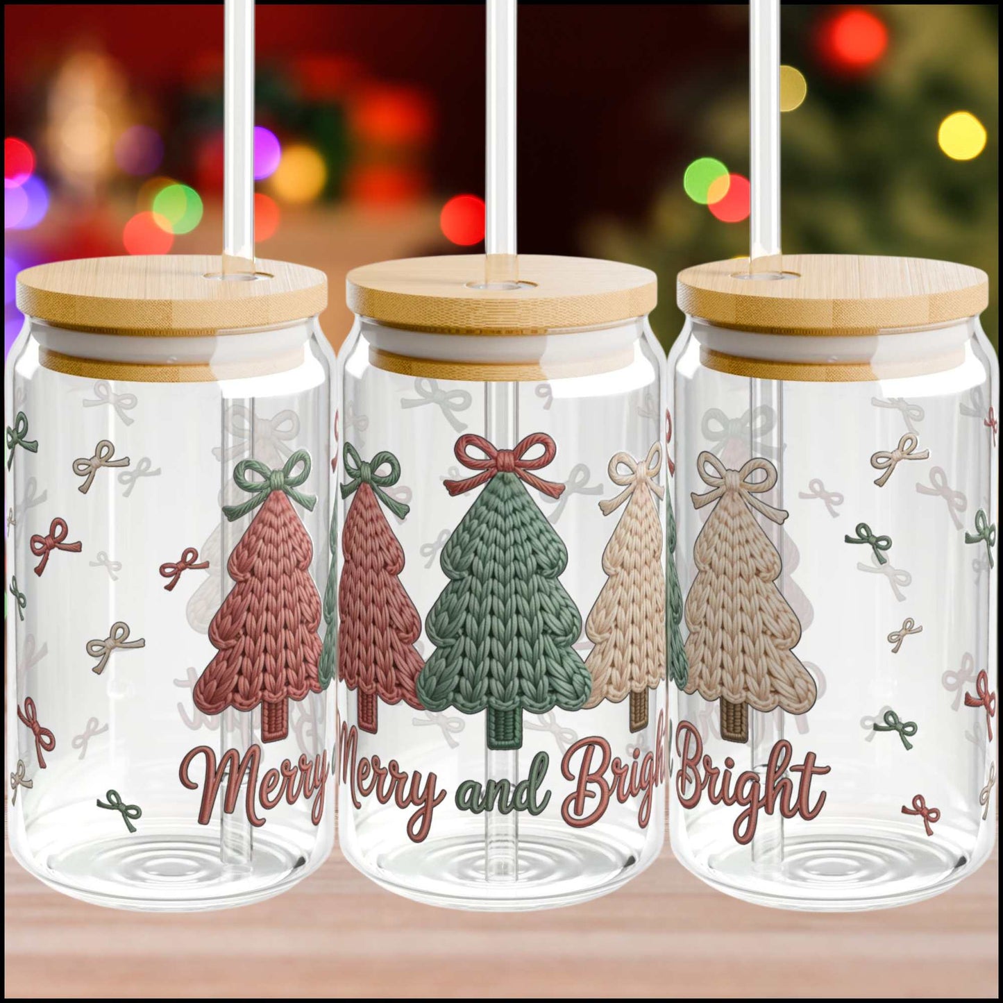 Merry and Bright Knit Christmas Trees Glass Can – 16oz Holiday Cup with Pastel Knit Trees & Bamboo Lid