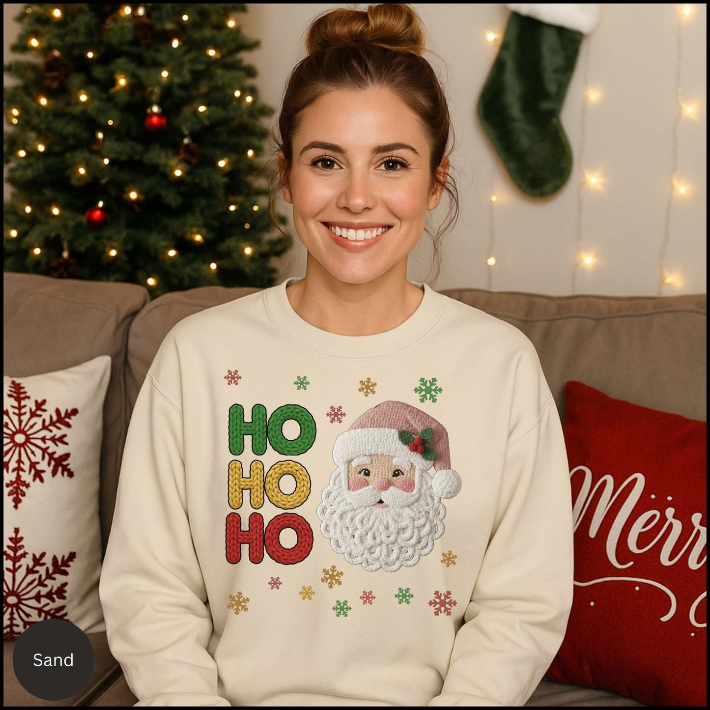 HO HO HO Knit Santa Christmas Sweatshirt – Cozy Vintage Santa Sweater with Textured Knit Letters & Snowflakes