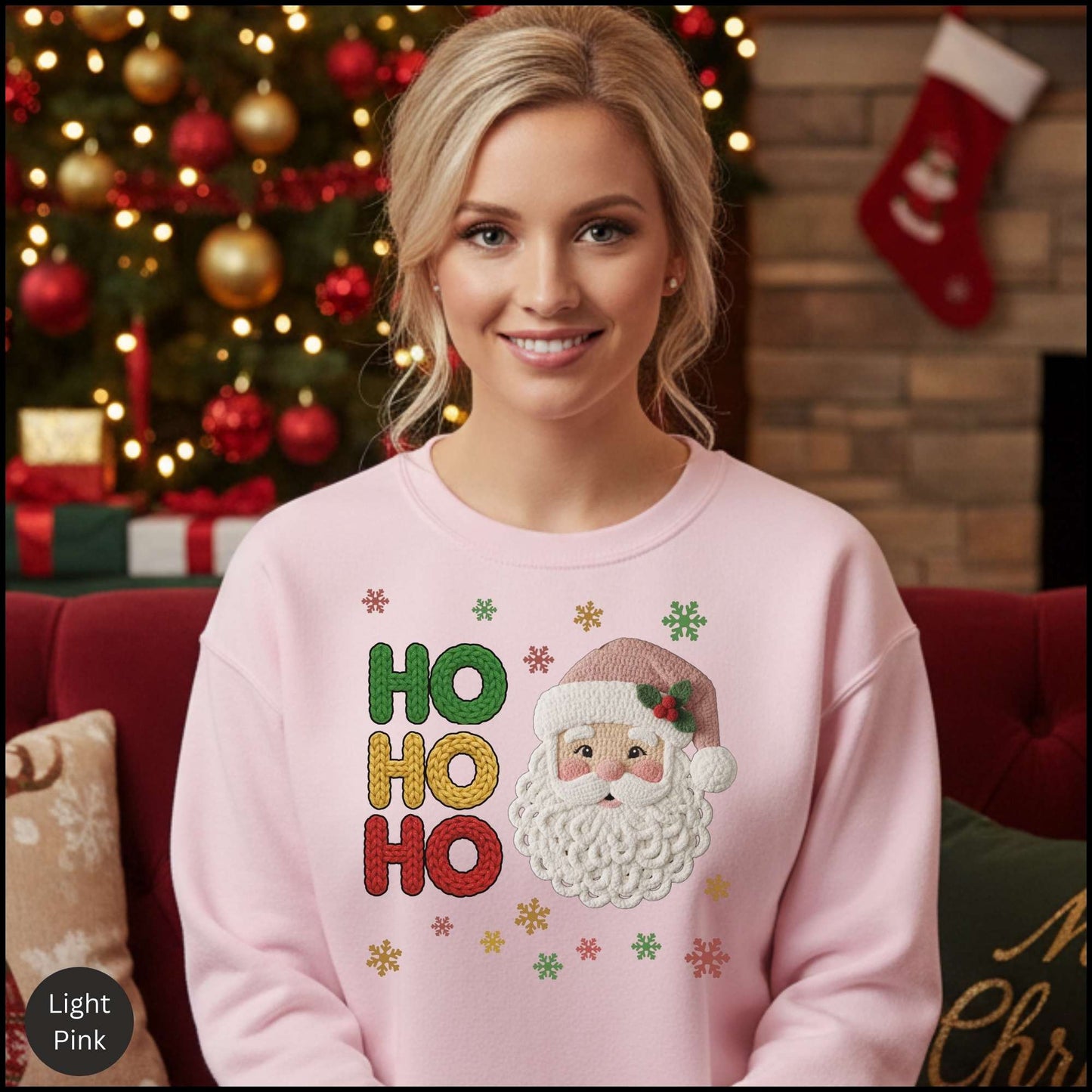 HO HO HO Knit Santa Christmas Sweatshirt – Cozy Vintage Santa Sweater with Textured Knit Letters & Snowflakes