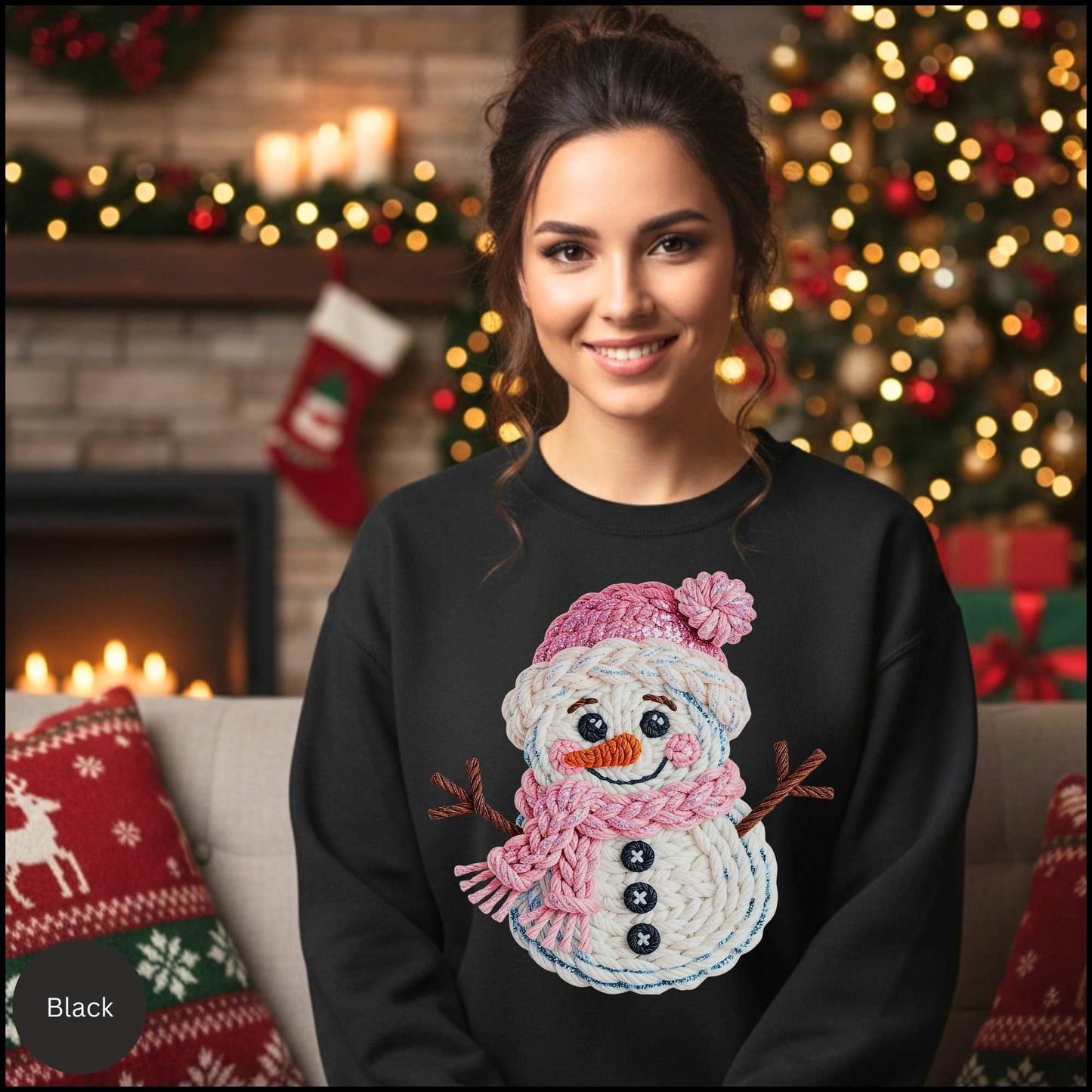 Knit Snowman Christmas Sweatshirt – Cozy Pink Winter Snowman Sweater with Textured Yarn Look