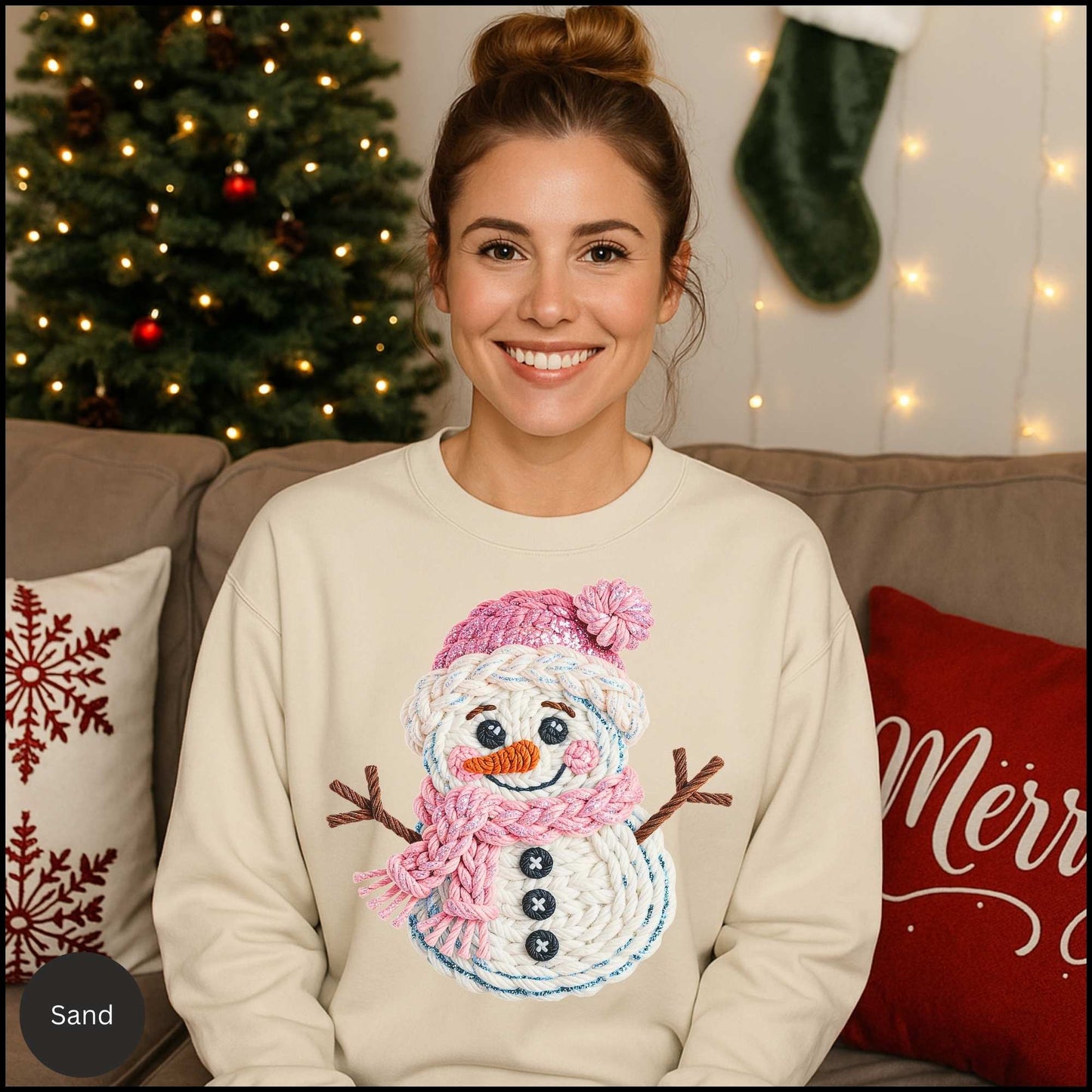 Knit Snowman Christmas Sweatshirt – Cozy Pink Winter Snowman Sweater with Textured Yarn Look