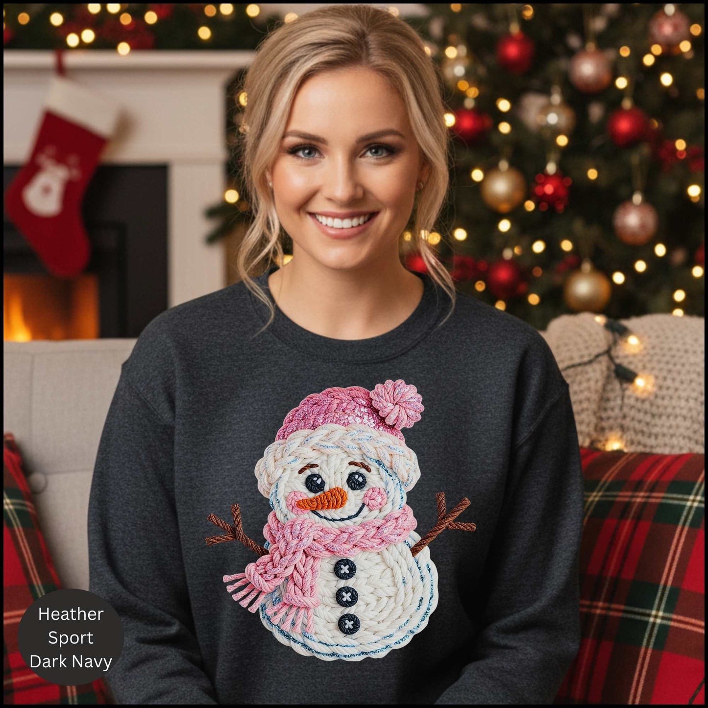 Knit Snowman Christmas Sweatshirt – Cozy Pink Winter Snowman Sweater with Textured Yarn Look