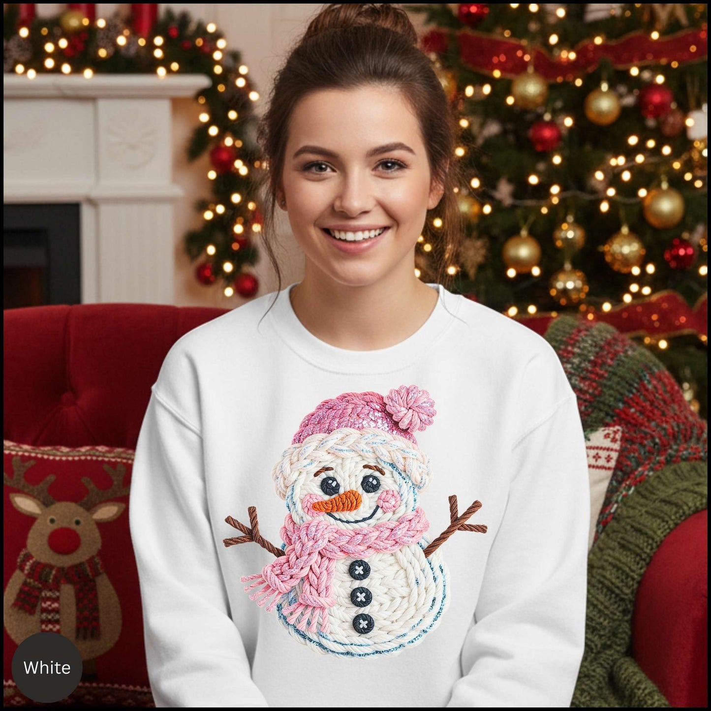 Knit Snowman Christmas Sweatshirt – Cozy Pink Winter Snowman Sweater with Textured Yarn Look