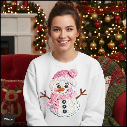 Knit Snowman Christmas Sweatshirt – Cozy Pink Winter Snowman Sweater with Textured Yarn Look