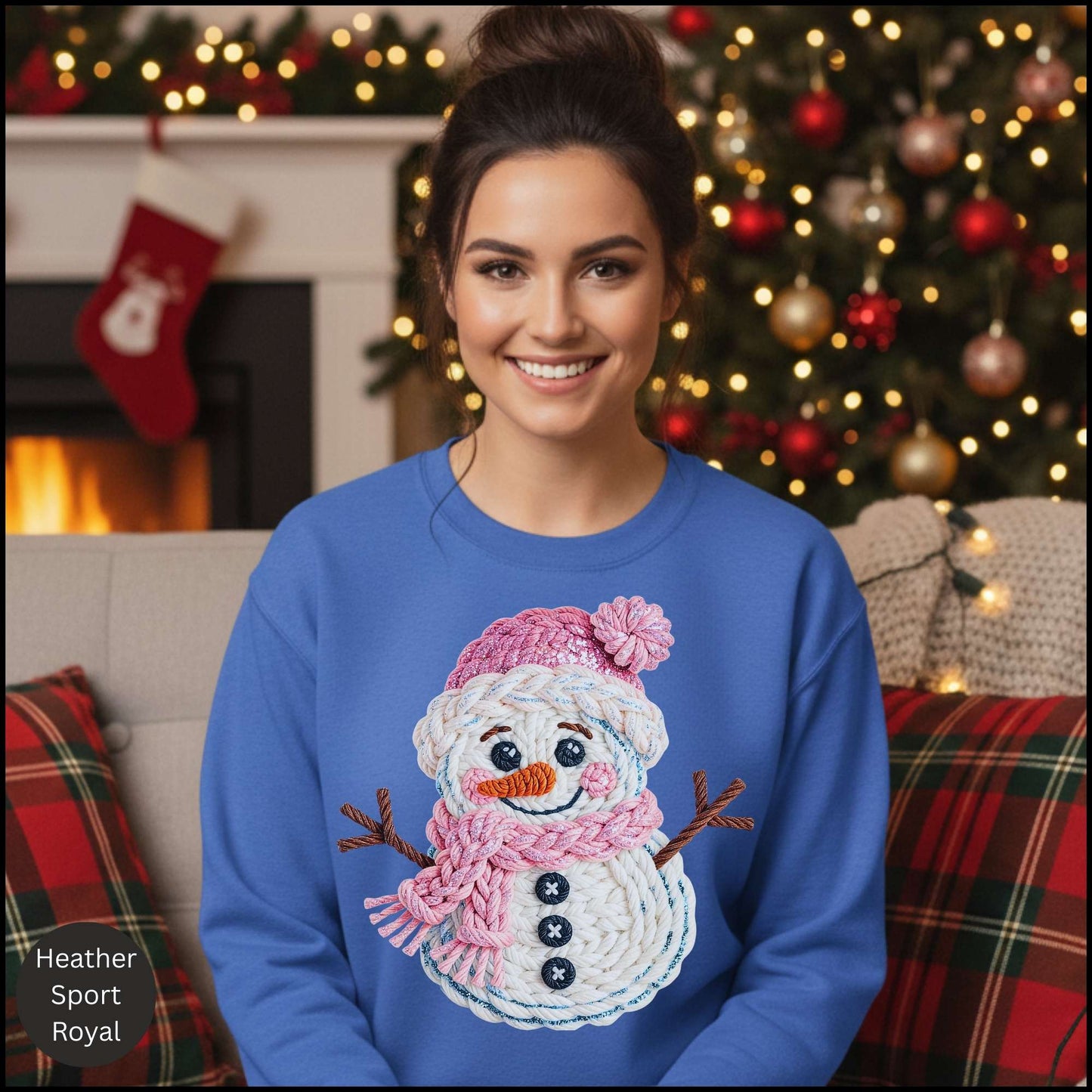 Knit Snowman Christmas Sweatshirt – Cozy Pink Winter Snowman Sweater with Textured Yarn Look