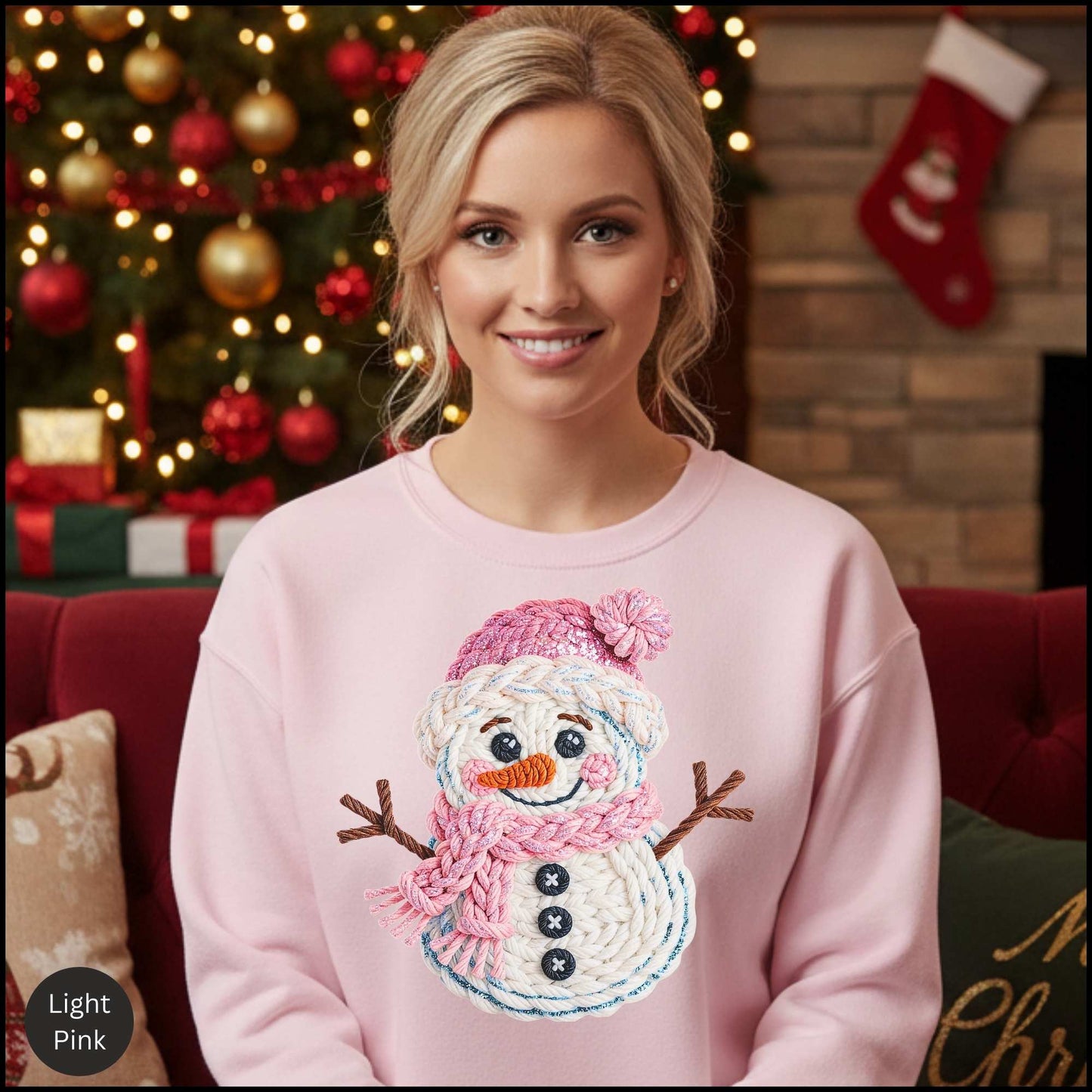 Knit Snowman Christmas Sweatshirt – Cozy Pink Winter Snowman Sweater with Textured Yarn Look