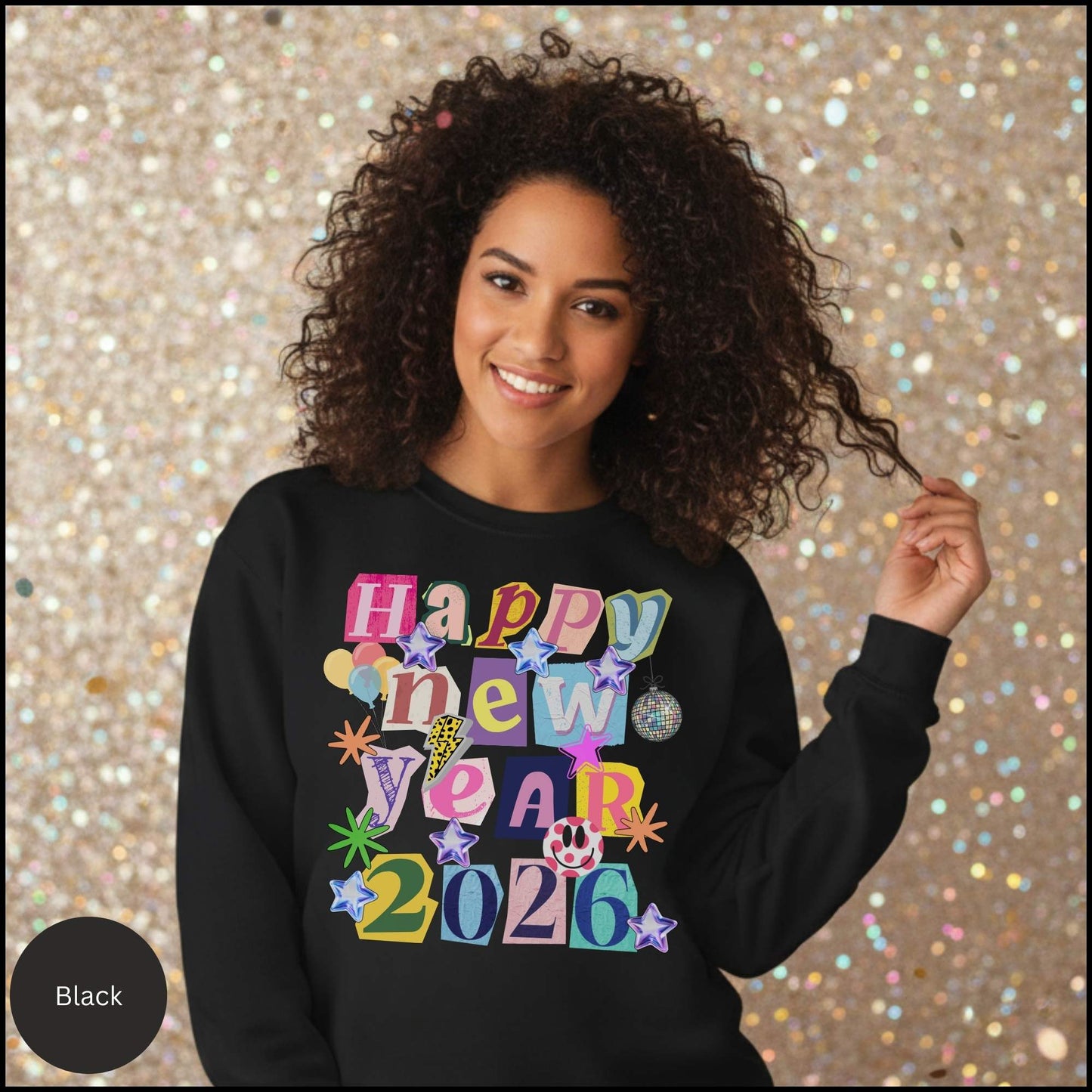 Happy New Year 2026 Retro Y2K Sweatshirt ✨ Cute Aesthetic Pullover • Colorful Collage Graphic • Sparkly Stars & Disco Ball New Year Crewneck