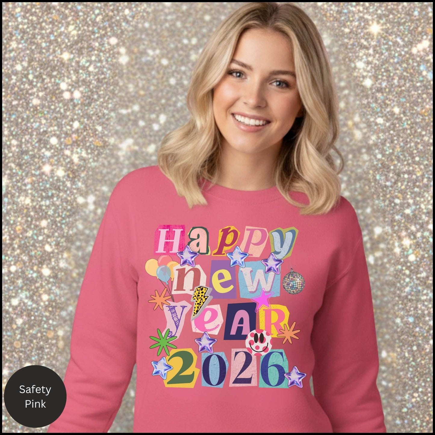 Happy New Year 2026 Retro Y2K Sweatshirt ✨ Cute Aesthetic Pullover • Colorful Collage Graphic • Sparkly Stars & Disco Ball New Year Crewneck