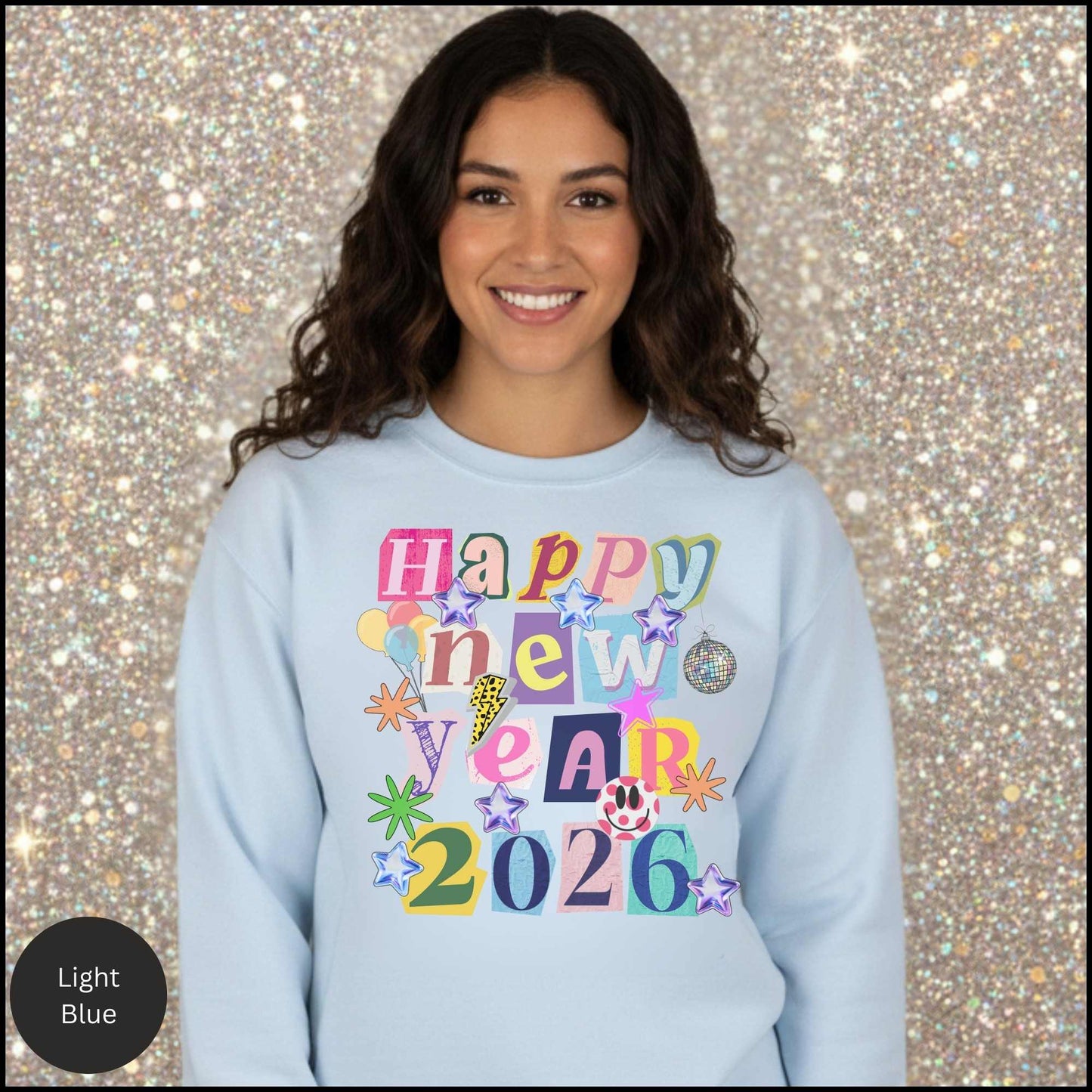 Happy New Year 2026 Retro Y2K Sweatshirt ✨ Cute Aesthetic Pullover • Colorful Collage Graphic • Sparkly Stars & Disco Ball New Year Crewneck