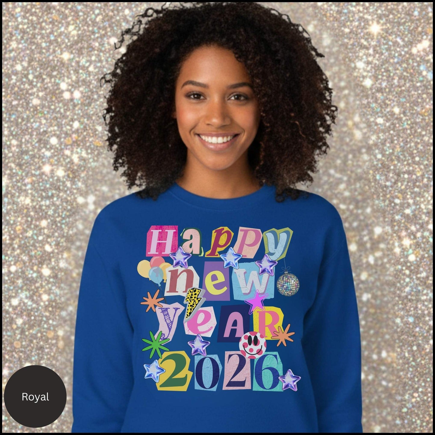 Happy New Year 2026 Retro Y2K Sweatshirt ✨ Cute Aesthetic Pullover • Colorful Collage Graphic • Sparkly Stars & Disco Ball New Year Crewneck