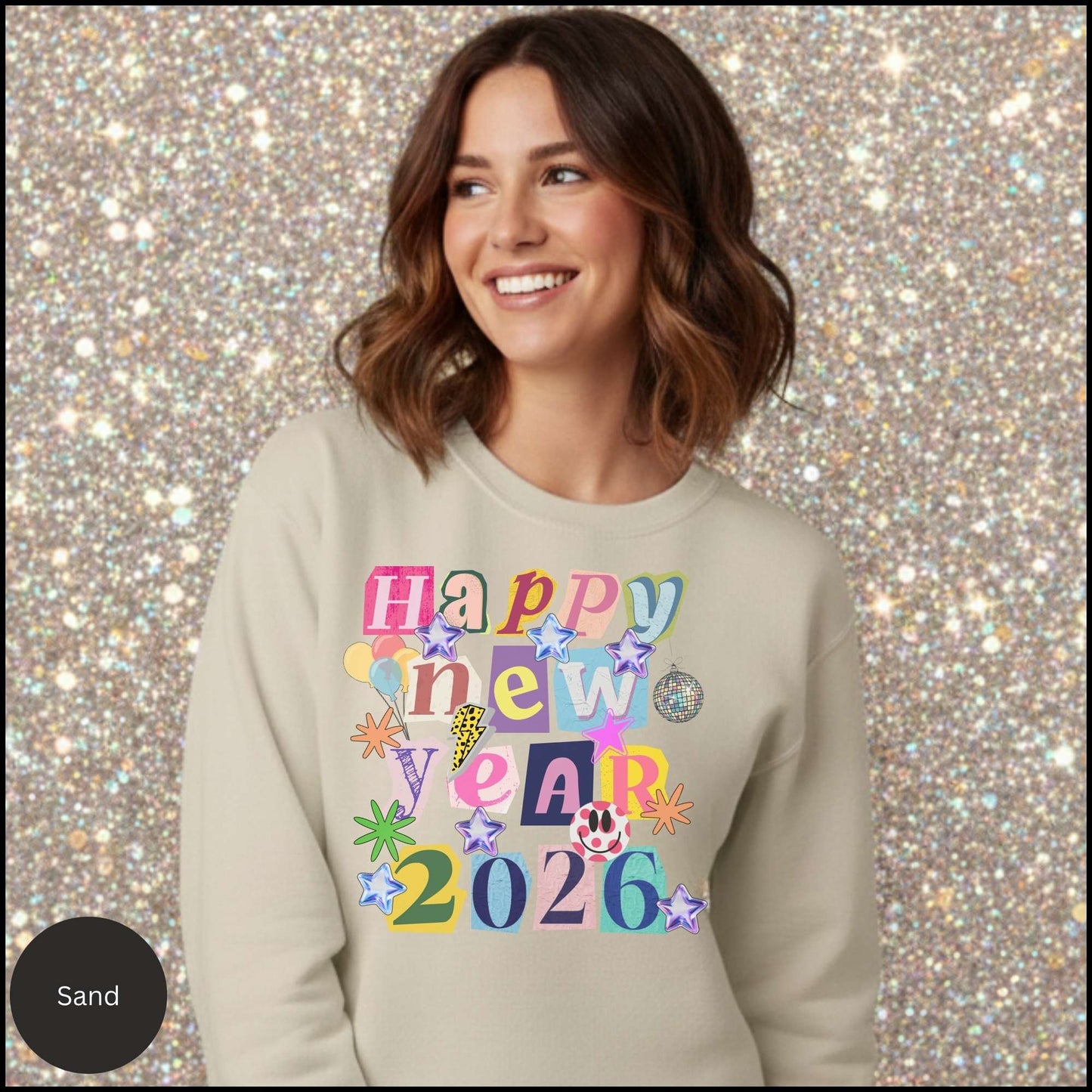 Happy New Year 2026 Retro Y2K Sweatshirt ✨ Cute Aesthetic Pullover • Colorful Collage Graphic • Sparkly Stars & Disco Ball New Year Crewneck