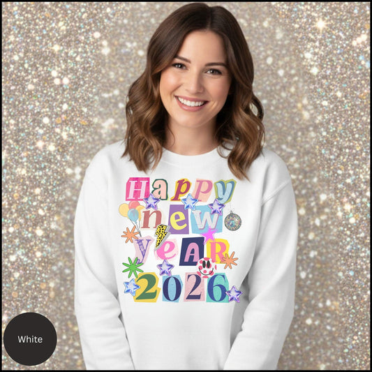 Happy New Year 2026 Retro Y2K Sweatshirt ✨ Cute Aesthetic Pullover • Colorful Collage Graphic • Sparkly Stars & Disco Ball New Year Crewneck