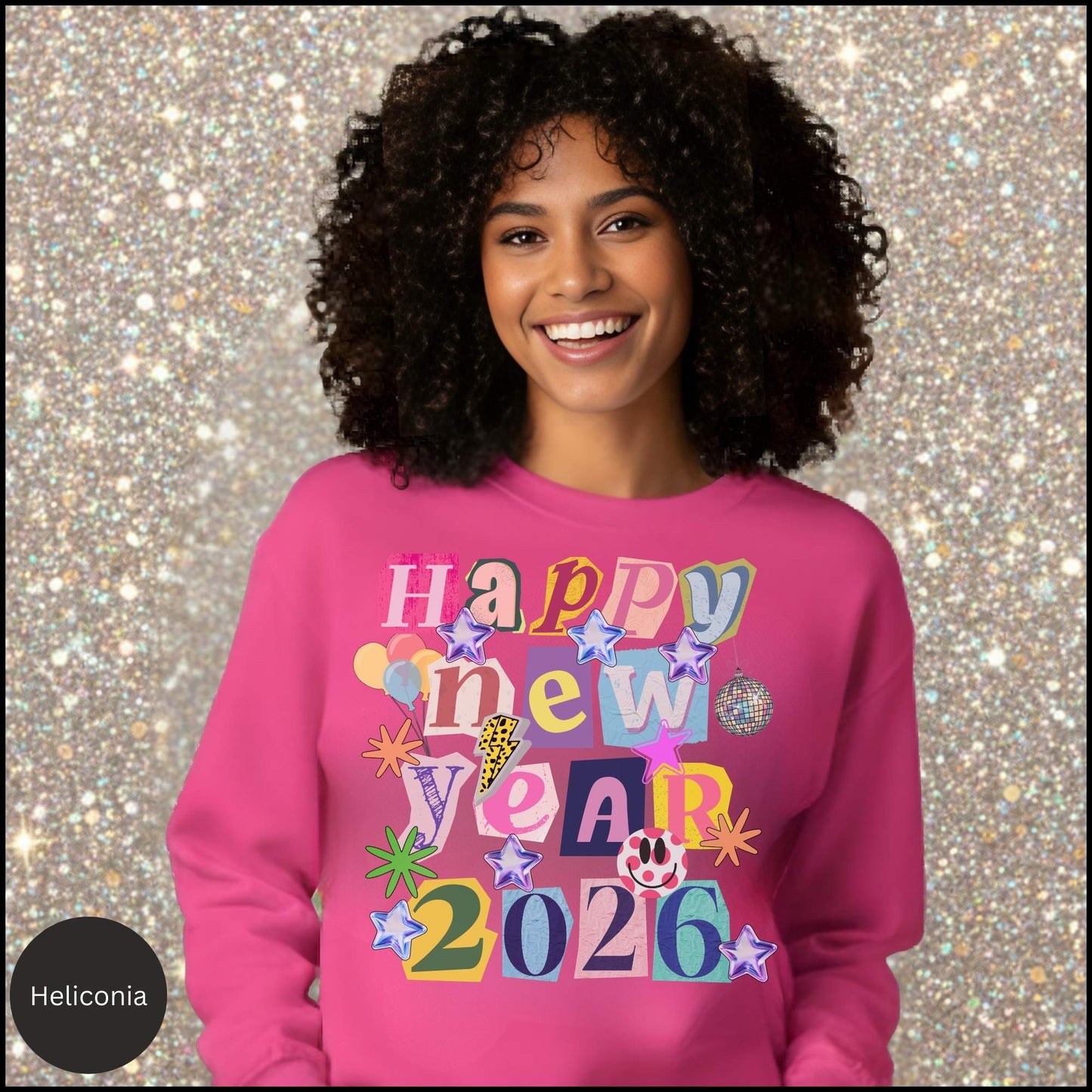 Happy New Year 2026 Retro Y2K Sweatshirt ✨ Cute Aesthetic Pullover • Colorful Collage Graphic • Sparkly Stars & Disco Ball New Year Crewneck