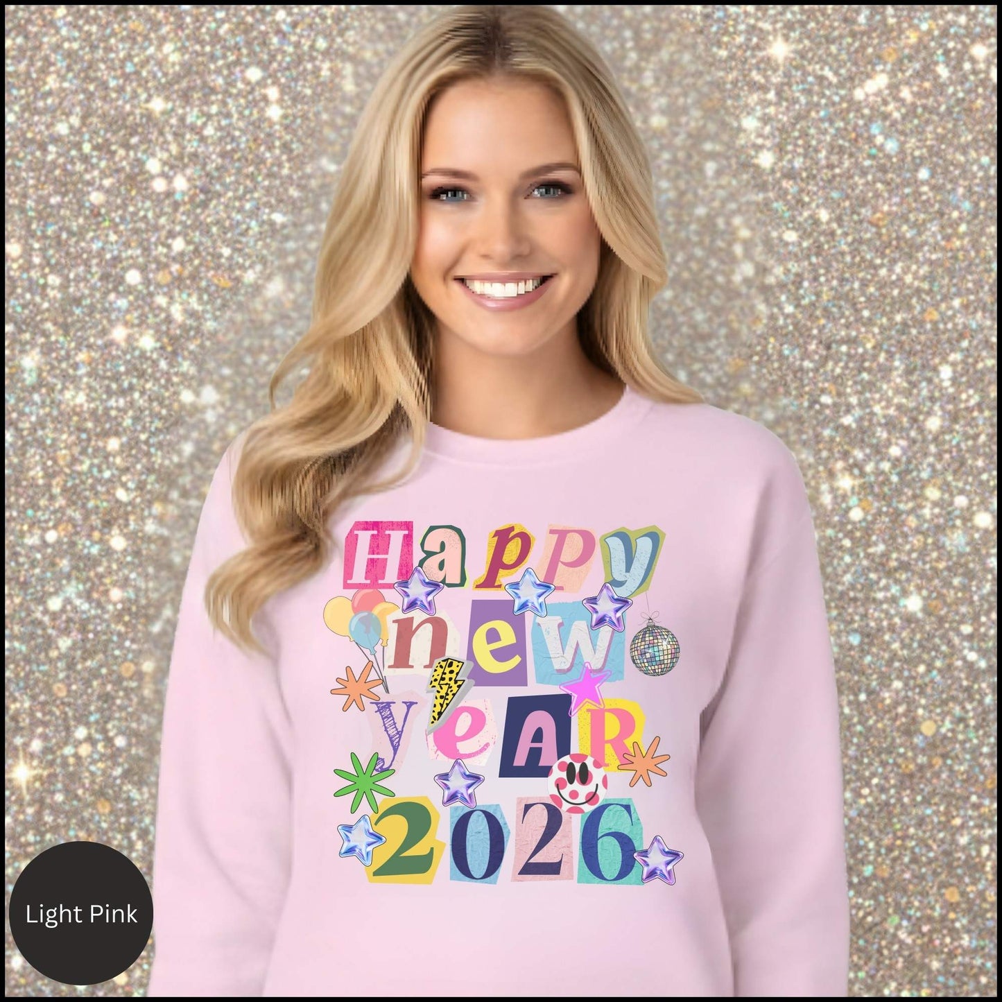 Happy New Year 2026 Retro Y2K Sweatshirt ✨ Cute Aesthetic Pullover • Colorful Collage Graphic • Sparkly Stars & Disco Ball New Year Crewneck