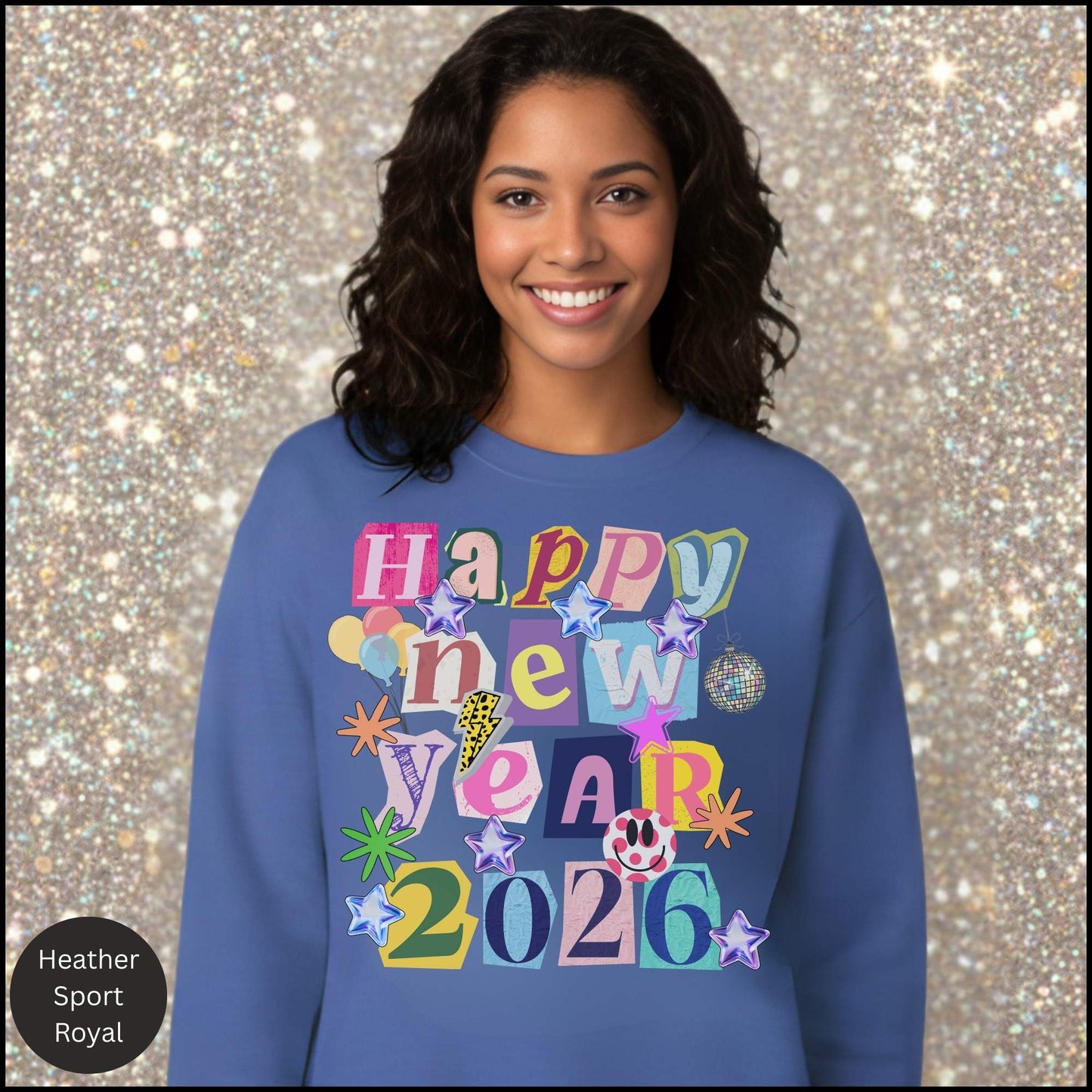 Happy New Year 2026 Retro Y2K Sweatshirt ✨ Cute Aesthetic Pullover • Colorful Collage Graphic • Sparkly Stars & Disco Ball New Year Crewneck