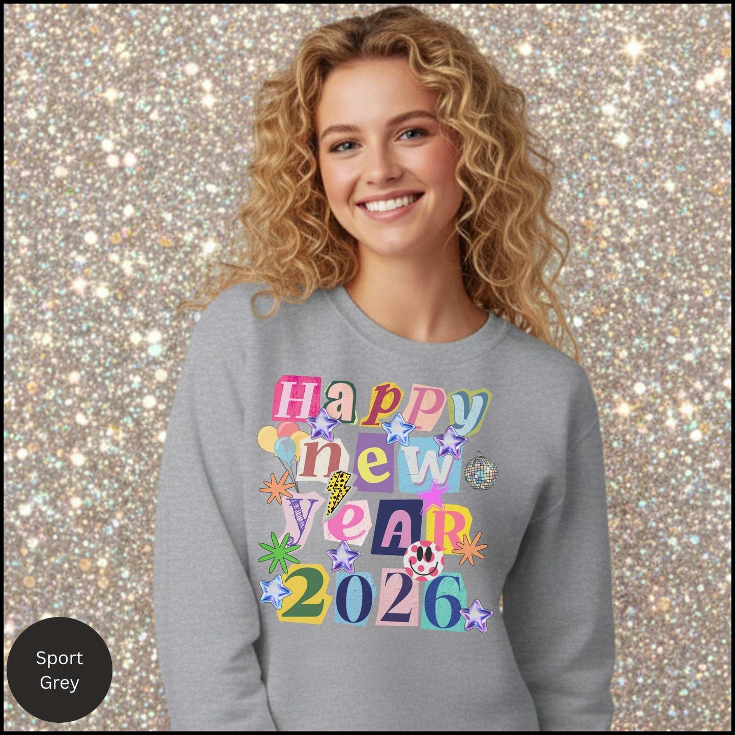 Happy New Year 2026 Retro Y2K Sweatshirt ✨ Cute Aesthetic Pullover • Colorful Collage Graphic • Sparkly Stars & Disco Ball New Year Crewneck