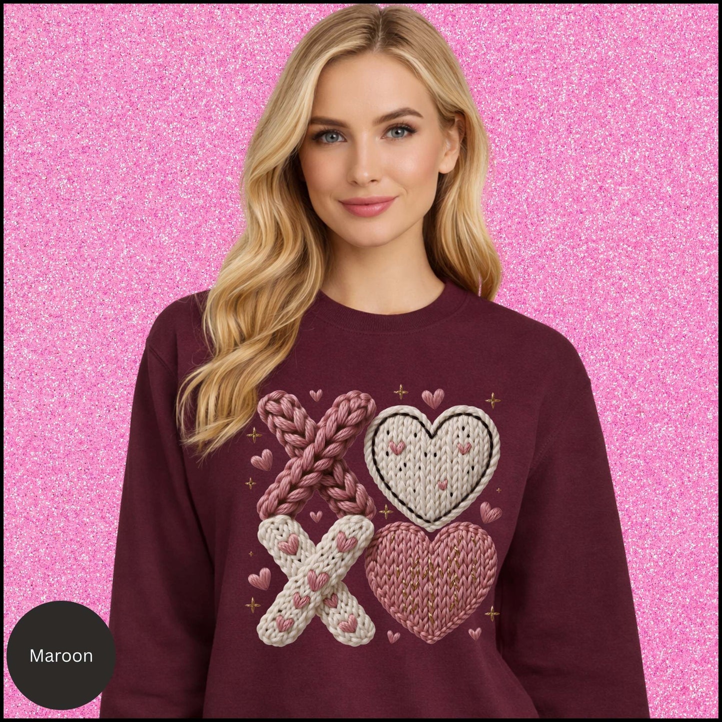 XOXO Heart Sweatshirt, Crochet Knit Heart Crewneck, Faux Knit Valentine Sweatshirt, Cozy Love Sweatshirt, Gift for Her