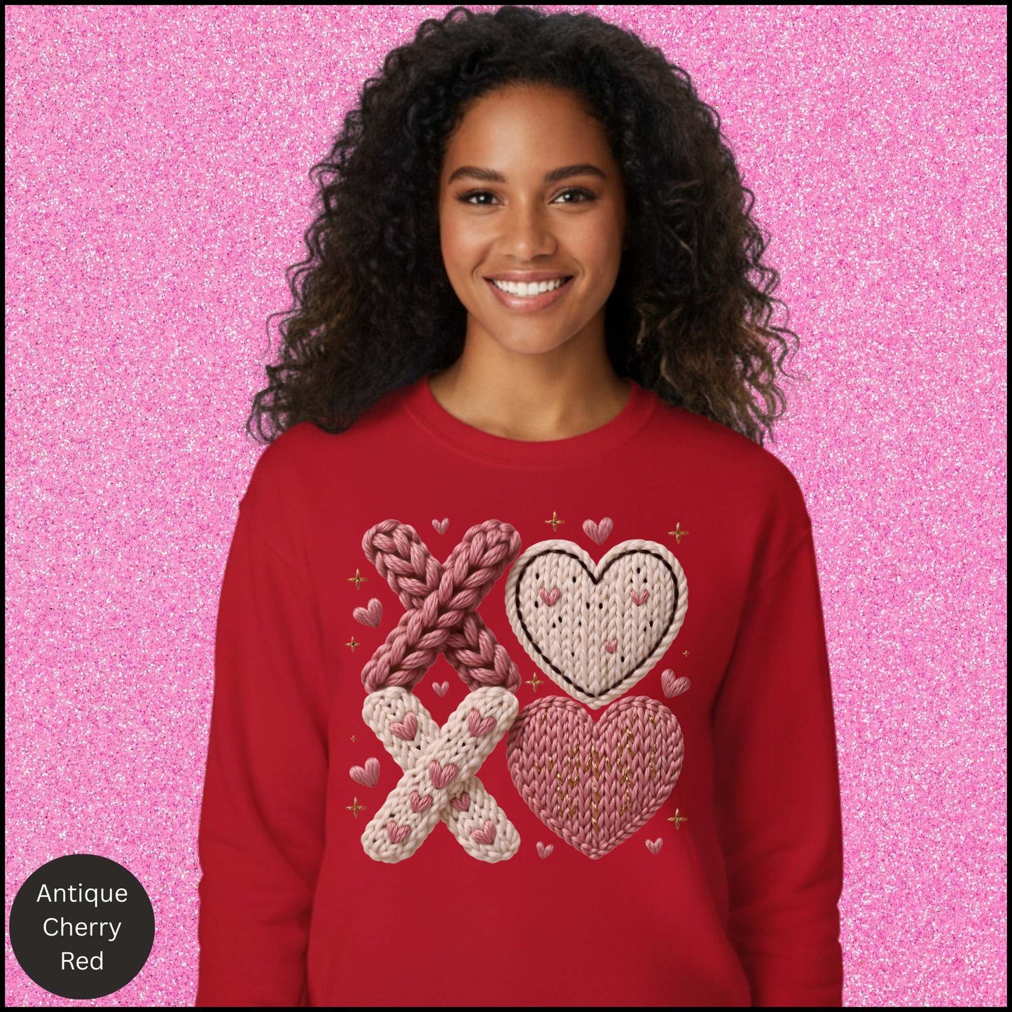 XOXO Heart Sweatshirt, Crochet Knit Heart Crewneck, Faux Knit Valentine Sweatshirt, Cozy Love Sweatshirt, Gift for Her