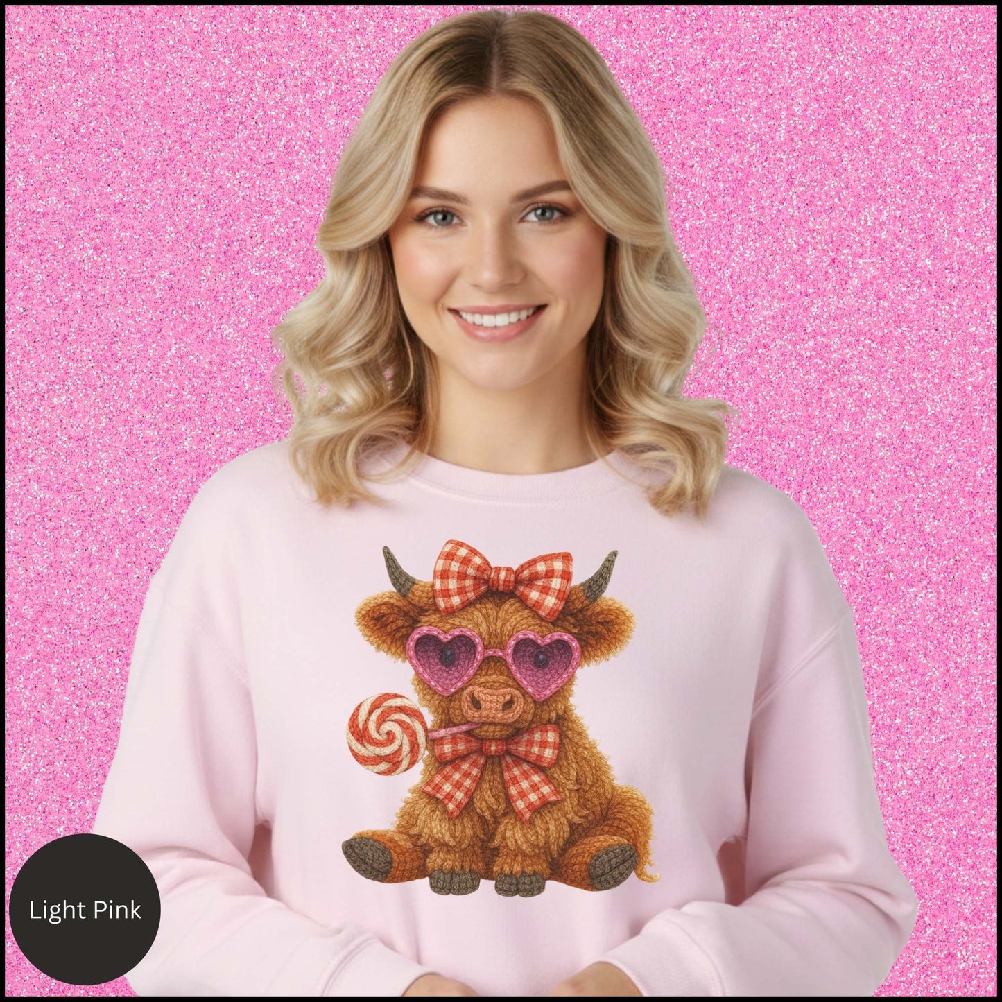 Valentine Cow Sweatshirt, Cute Highland Cow Crewneck, Pink Heart Sunglasses Cow Shirt, Cozy Valentine Gift for Her