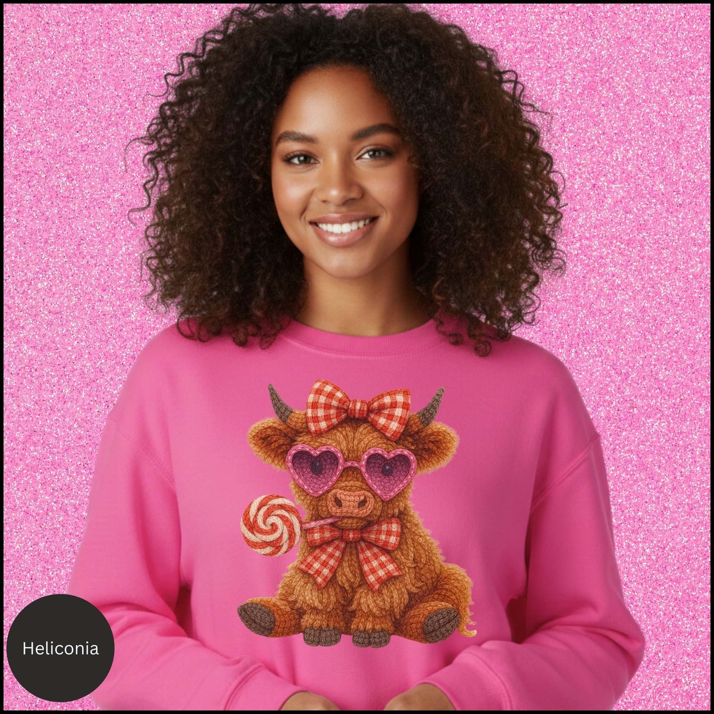 Valentine Cow Sweatshirt, Cute Highland Cow Crewneck, Pink Heart Sunglasses Cow Shirt, Cozy Valentine Gift for Her