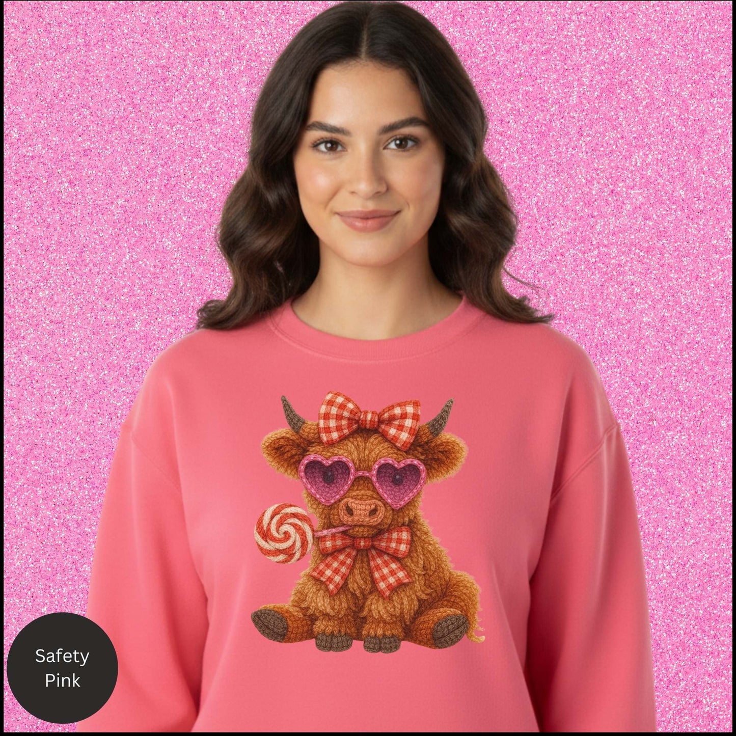 Valentine Cow Sweatshirt, Cute Highland Cow Crewneck, Pink Heart Sunglasses Cow Shirt, Cozy Valentine Gift for Her