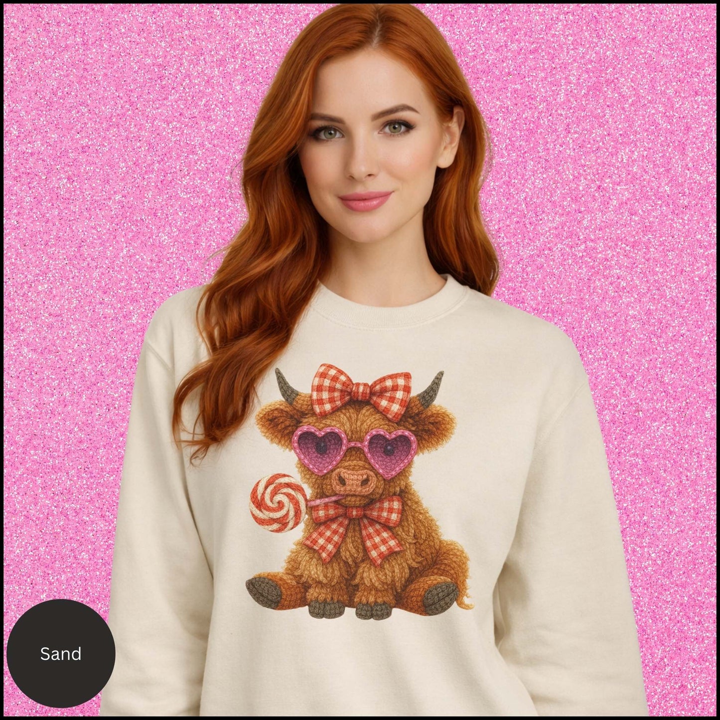 Valentine Cow Sweatshirt, Cute Highland Cow Crewneck, Pink Heart Sunglasses Cow Shirt, Cozy Valentine Gift for Her