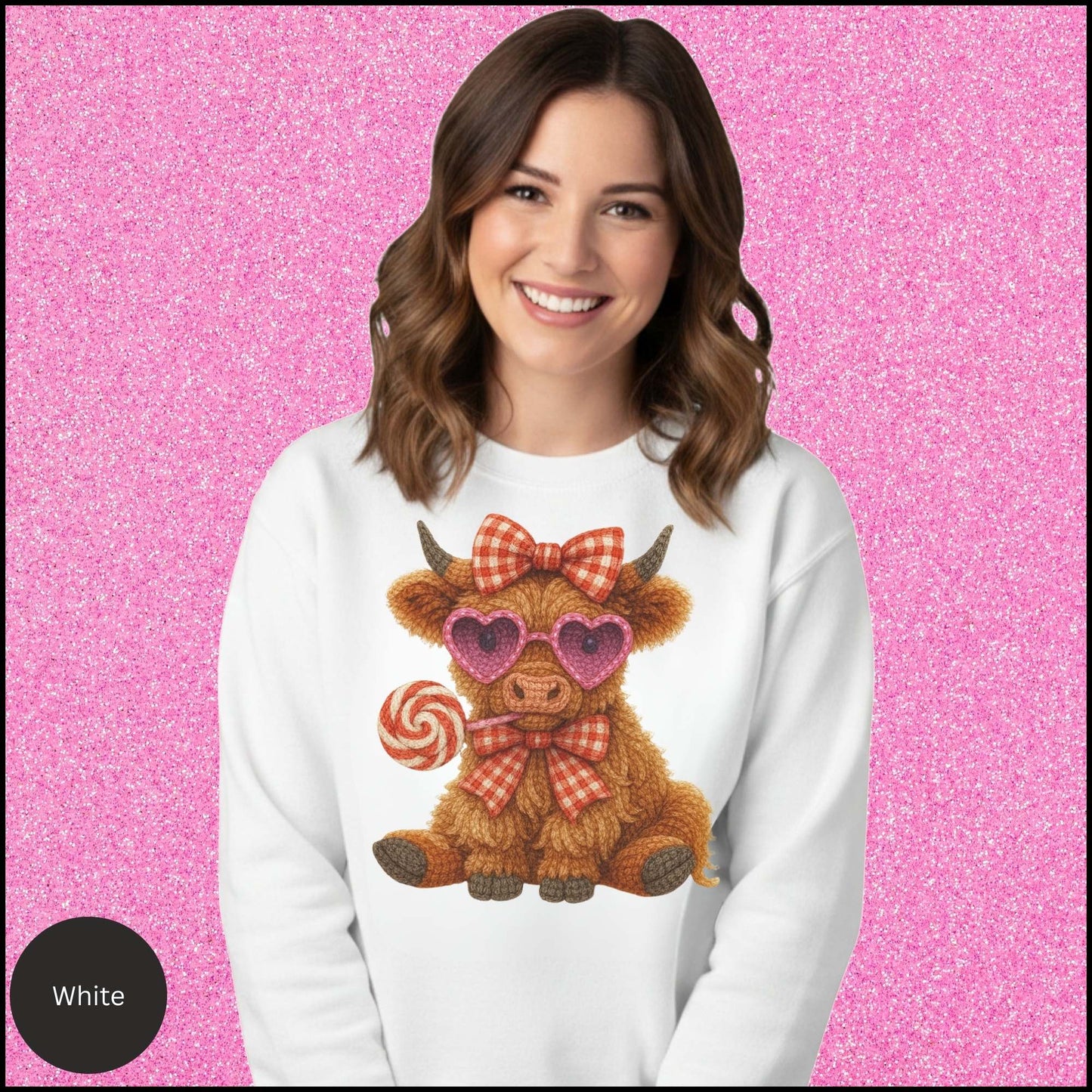 Valentine Cow Sweatshirt, Cute Highland Cow Crewneck, Pink Heart Sunglasses Cow Shirt, Cozy Valentine Gift for Her