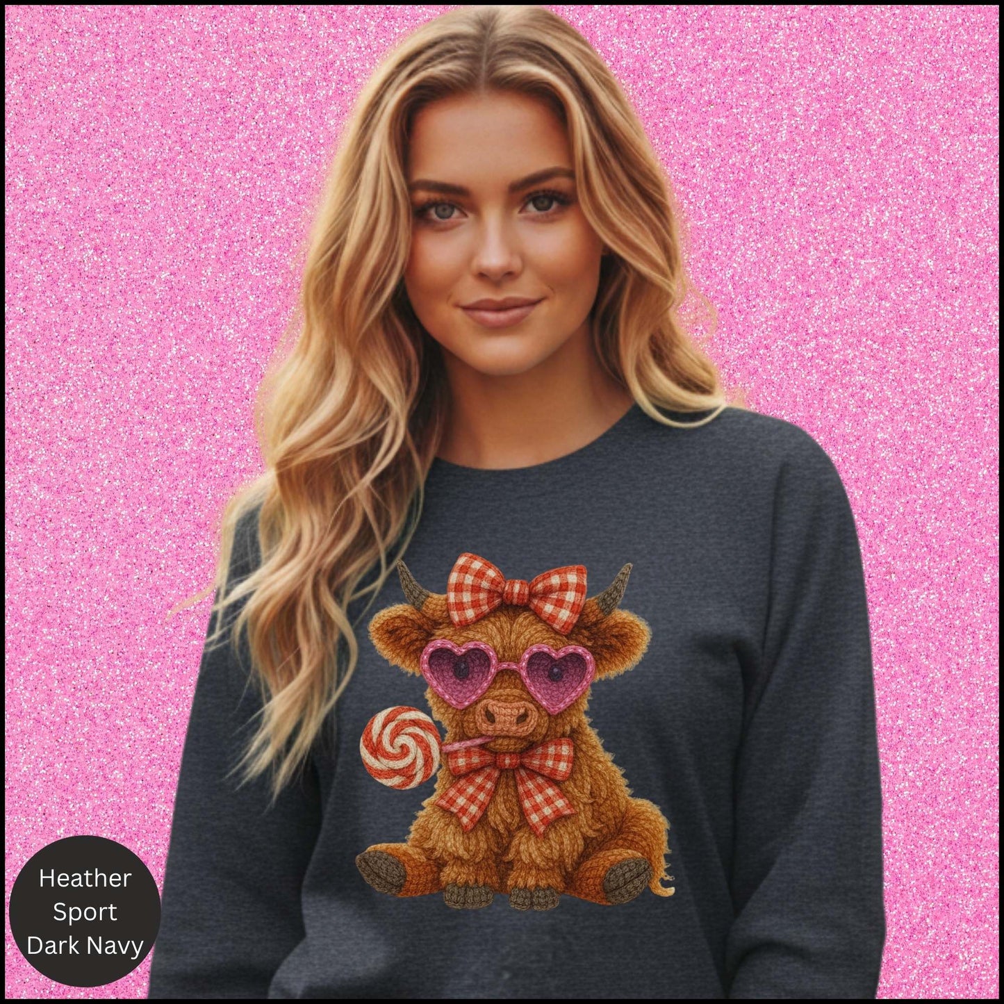 Valentine Cow Sweatshirt, Cute Highland Cow Crewneck, Pink Heart Sunglasses Cow Shirt, Cozy Valentine Gift for Her