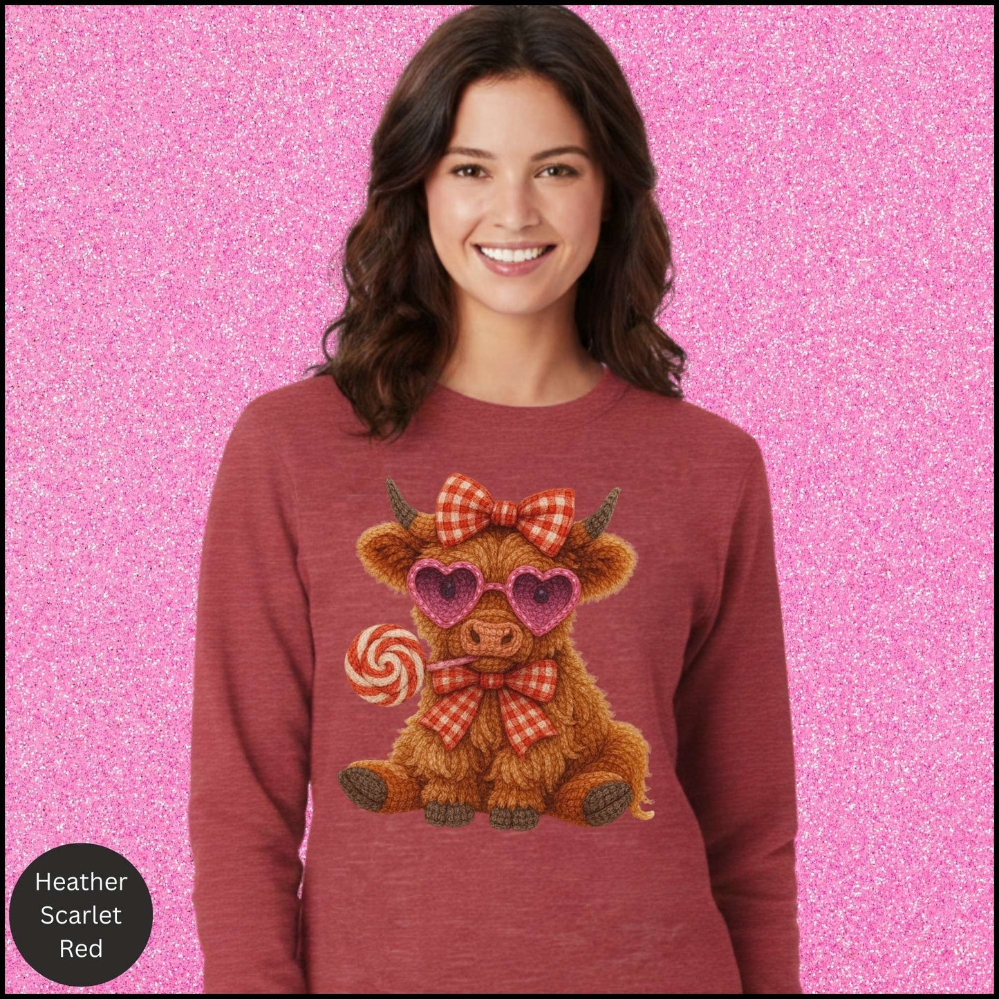 Valentine Cow Sweatshirt, Cute Highland Cow Crewneck, Pink Heart Sunglasses Cow Shirt, Cozy Valentine Gift for Her
