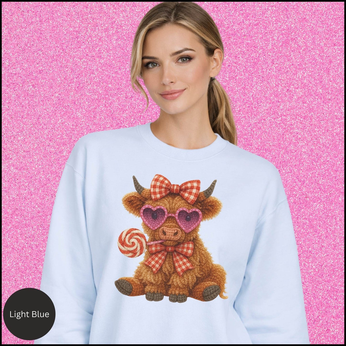 Valentine Cow Sweatshirt, Cute Highland Cow Crewneck, Pink Heart Sunglasses Cow Shirt, Cozy Valentine Gift for Her