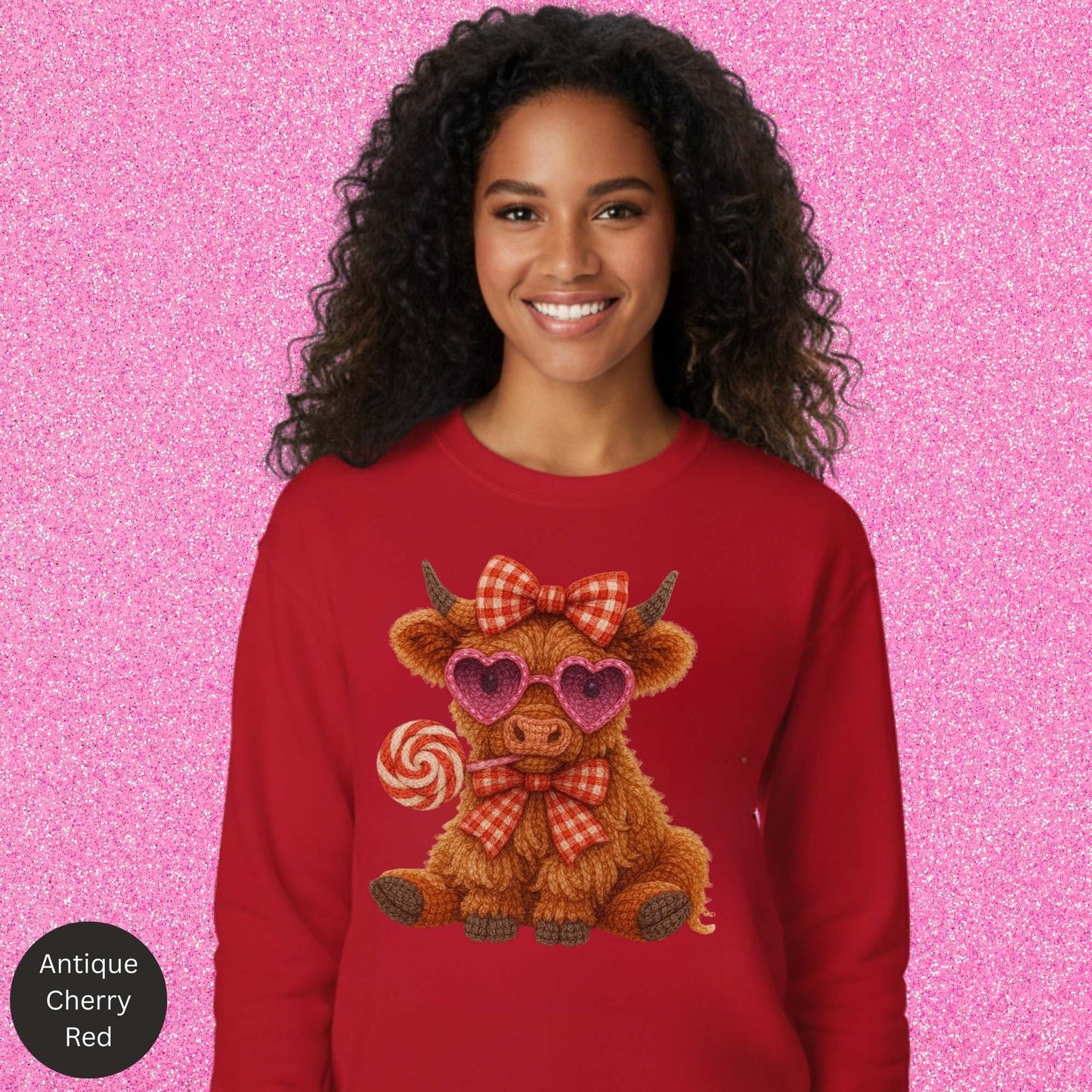 Valentine Cow Sweatshirt, Cute Highland Cow Crewneck, Pink Heart Sunglasses Cow Shirt, Cozy Valentine Gift for Her