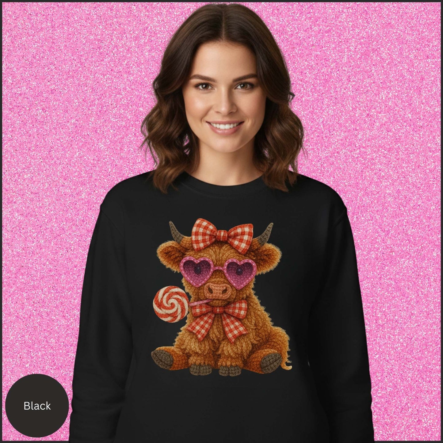Valentine Cow Sweatshirt, Cute Highland Cow Crewneck, Pink Heart Sunglasses Cow Shirt, Cozy Valentine Gift for Her
