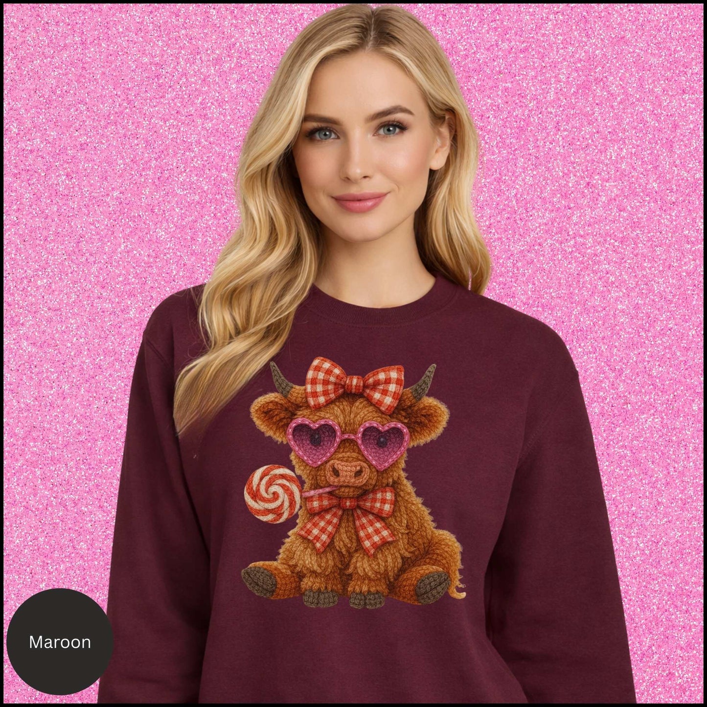 Valentine Cow Sweatshirt, Cute Highland Cow Crewneck, Pink Heart Sunglasses Cow Shirt, Cozy Valentine Gift for Her