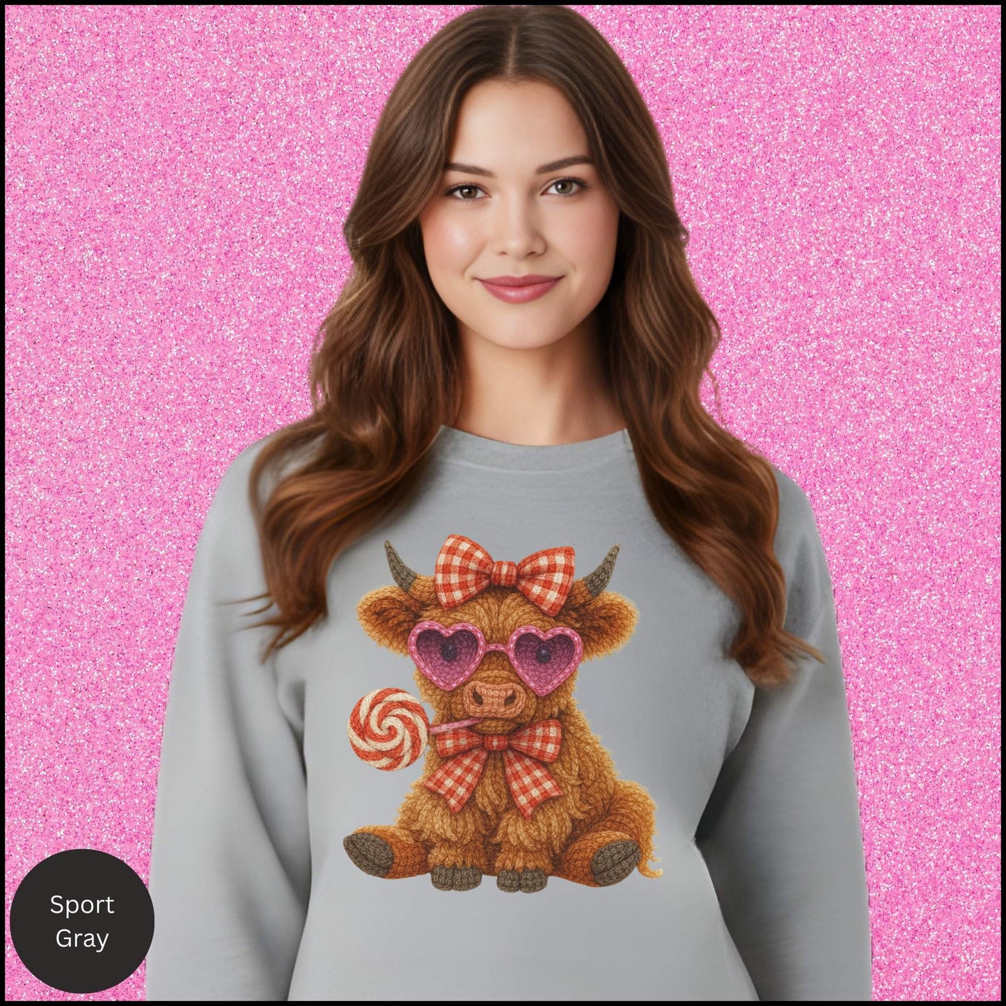 Valentine Cow Sweatshirt, Cute Highland Cow Crewneck, Pink Heart Sunglasses Cow Shirt, Cozy Valentine Gift for Her