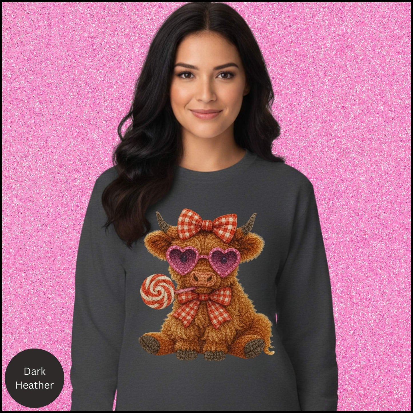 Valentine Cow Sweatshirt, Cute Highland Cow Crewneck, Pink Heart Sunglasses Cow Shirt, Cozy Valentine Gift for Her