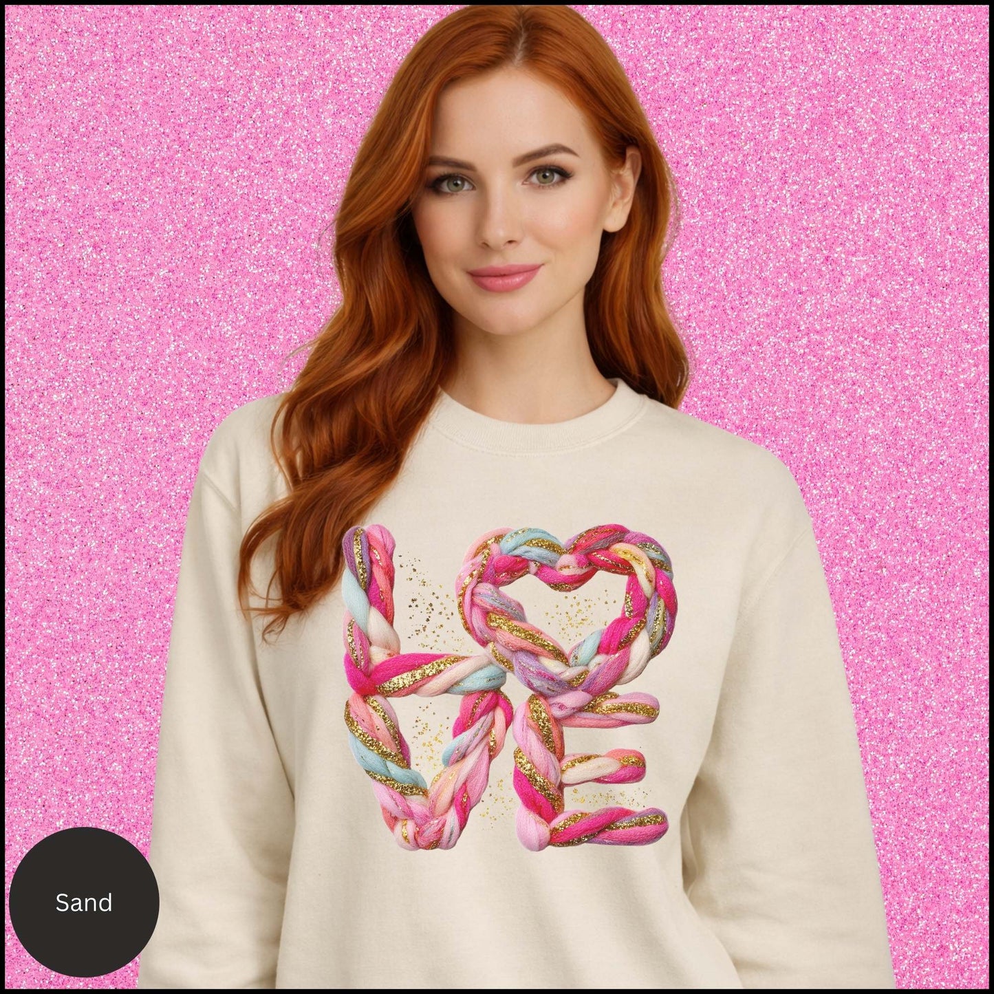 Heart Sweatshirt, Braided Rope Heart Crewneck, Pink Gold Love Sweatshirt, Cozy Valentine Shirt, Gift for Her