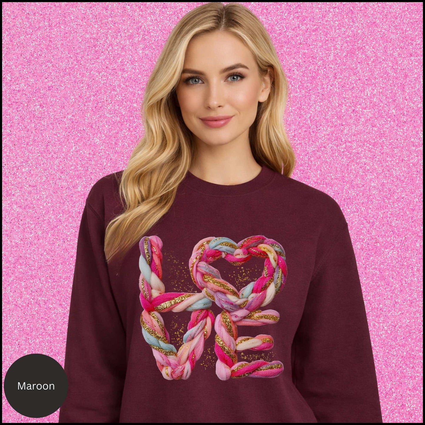 Heart Sweatshirt, Braided Rope Heart Crewneck, Pink Gold Love Sweatshirt, Cozy Valentine Shirt, Gift for Her