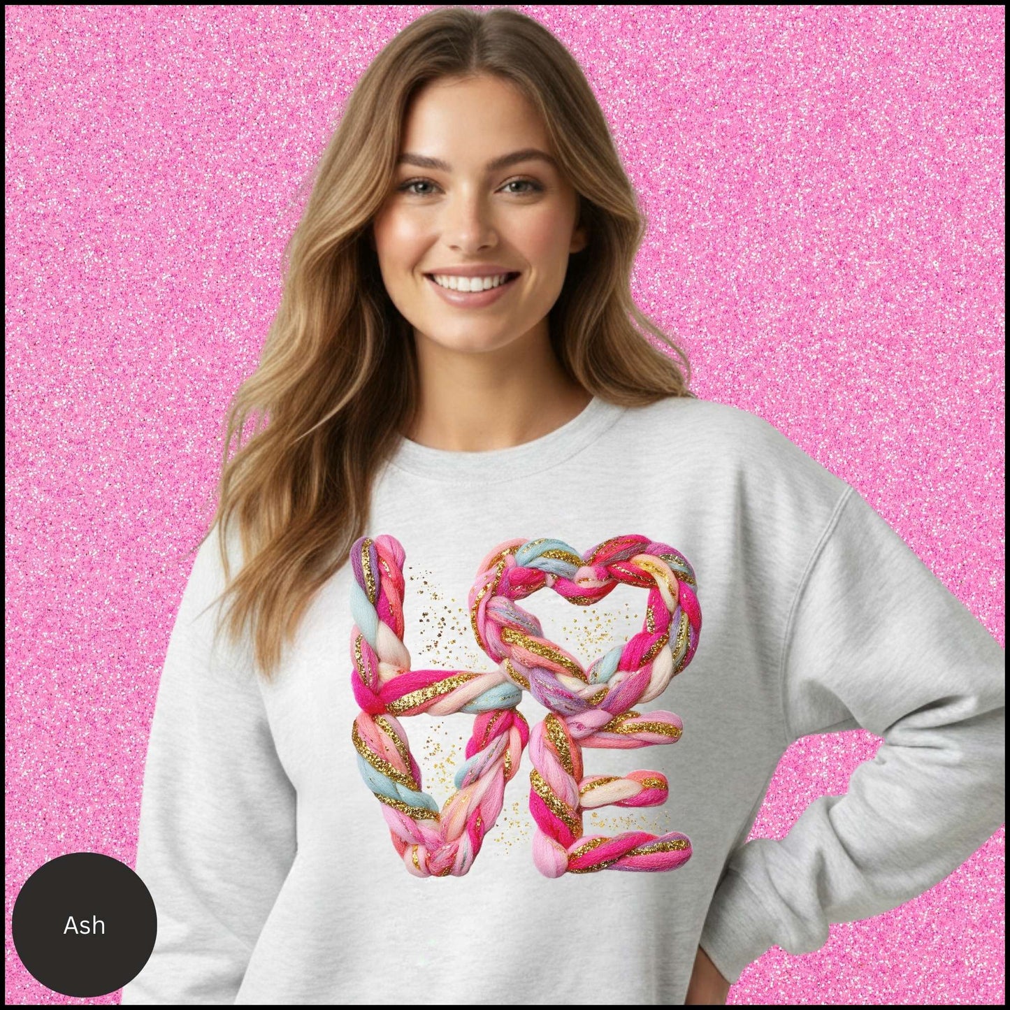 Heart Sweatshirt, Braided Rope Heart Crewneck, Pink Gold Love Sweatshirt, Cozy Valentine Shirt, Gift for Her