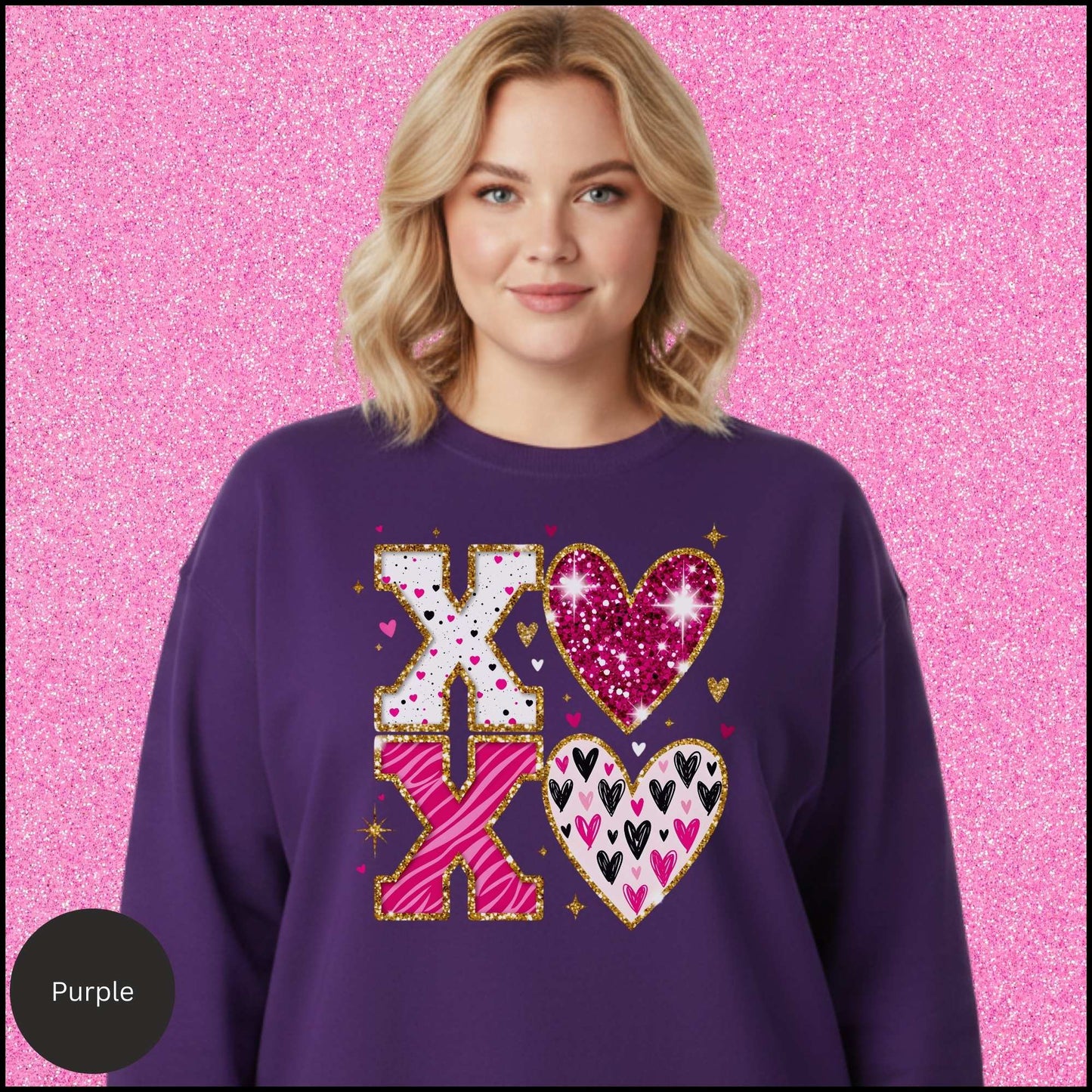 XOXO Sweatshirt, Glitter Valentine Crewneck, Pink Gold Heart Sweatshirt, Sparkly Love Shirt, Valentine Gift for Her