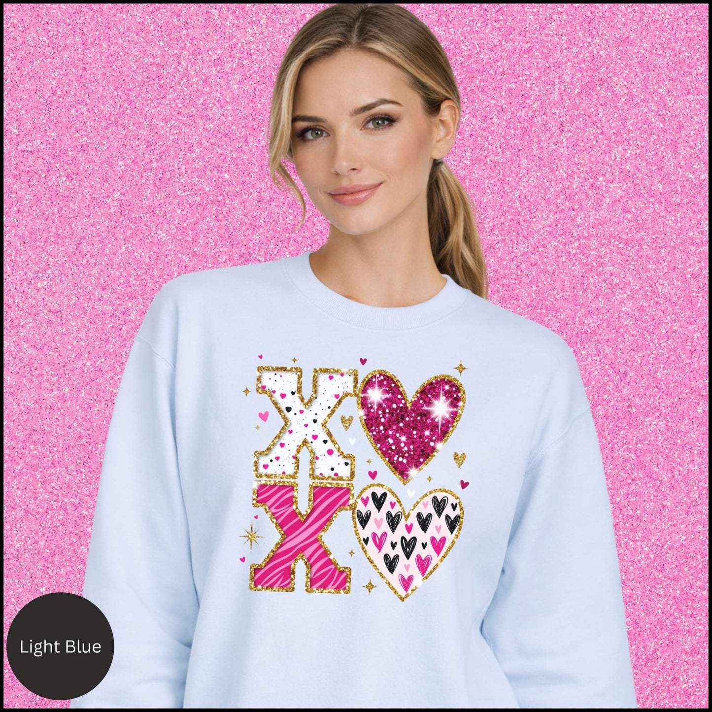 XOXO Sweatshirt, Glitter Valentine Crewneck, Pink Gold Heart Sweatshirt, Sparkly Love Shirt, Valentine Gift for Her