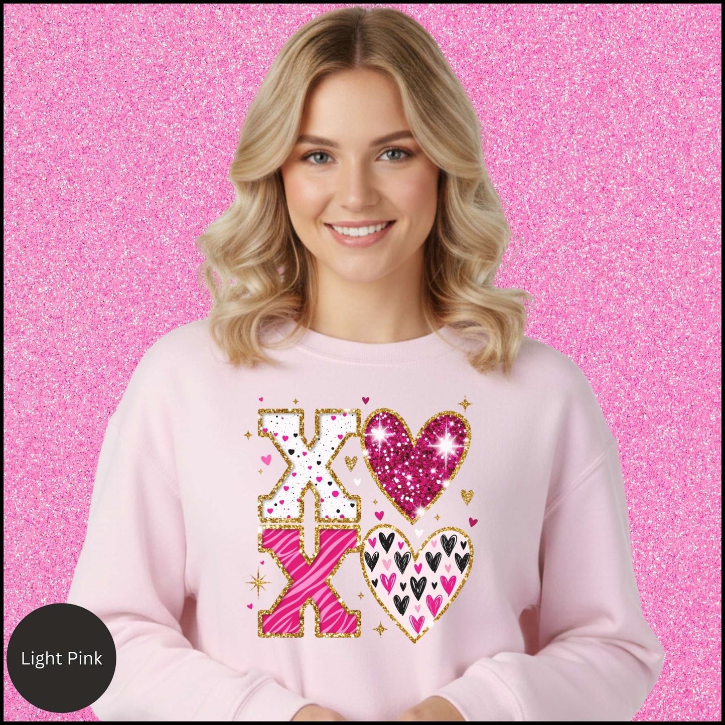 XOXO Sweatshirt, Glitter Valentine Crewneck, Pink Gold Heart Sweatshirt, Sparkly Love Shirt, Valentine Gift for Her