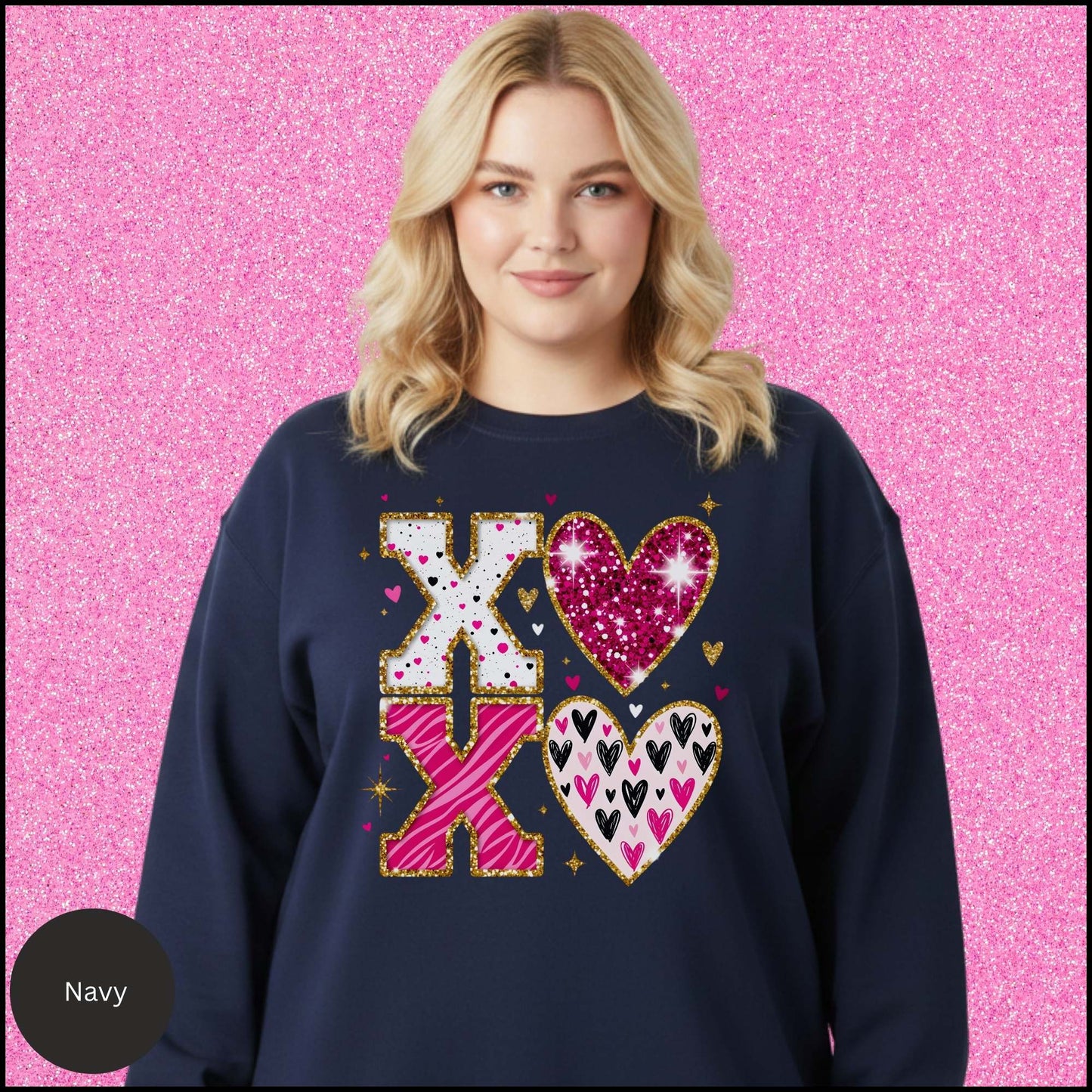 XOXO Sweatshirt, Glitter Valentine Crewneck, Pink Gold Heart Sweatshirt, Sparkly Love Shirt, Valentine Gift for Her