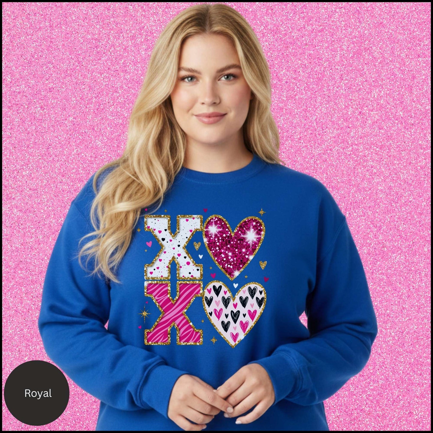 XOXO Sweatshirt, Glitter Valentine Crewneck, Pink Gold Heart Sweatshirt, Sparkly Love Shirt, Valentine Gift for Her