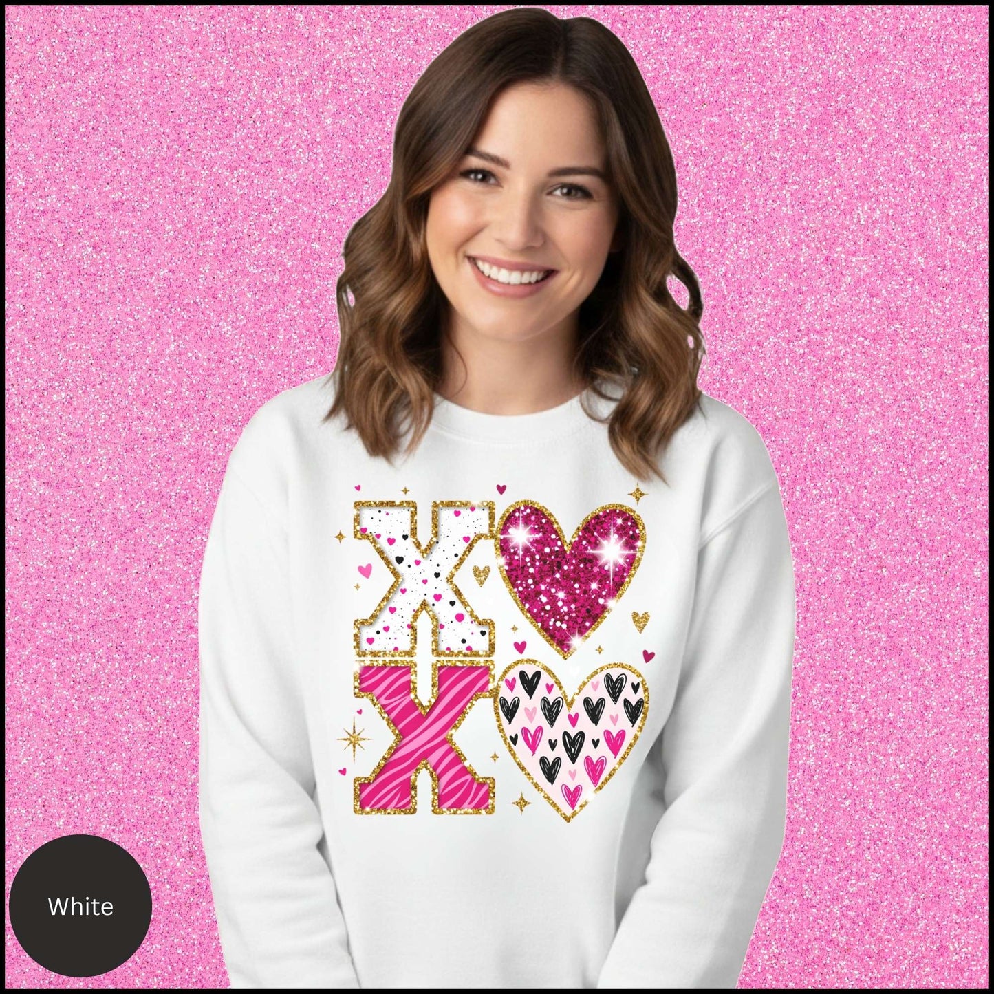 XOXO Sweatshirt, Glitter Valentine Crewneck, Pink Gold Heart Sweatshirt, Sparkly Love Shirt, Valentine Gift for Her