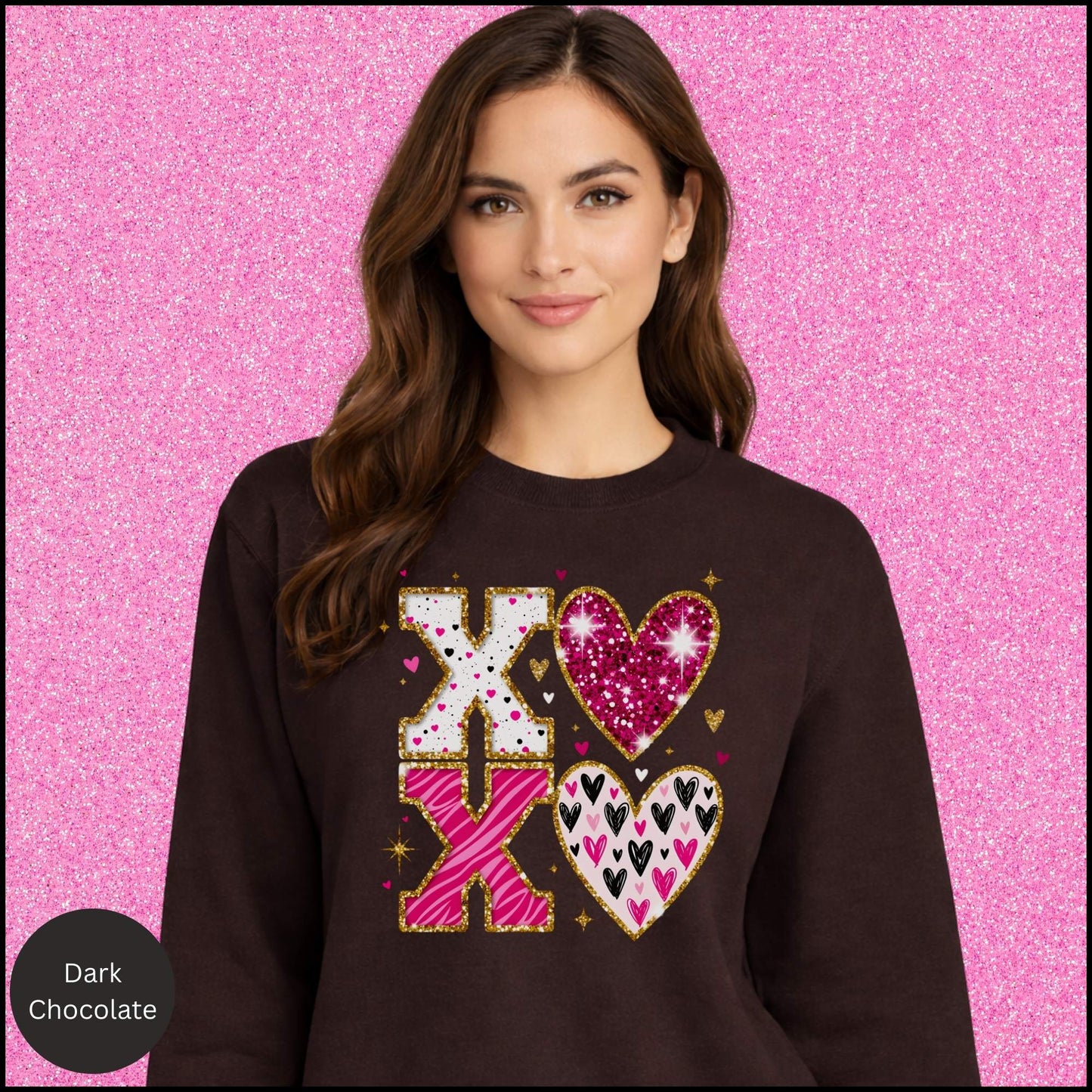 XOXO Sweatshirt, Glitter Valentine Crewneck, Pink Gold Heart Sweatshirt, Sparkly Love Shirt, Valentine Gift for Her