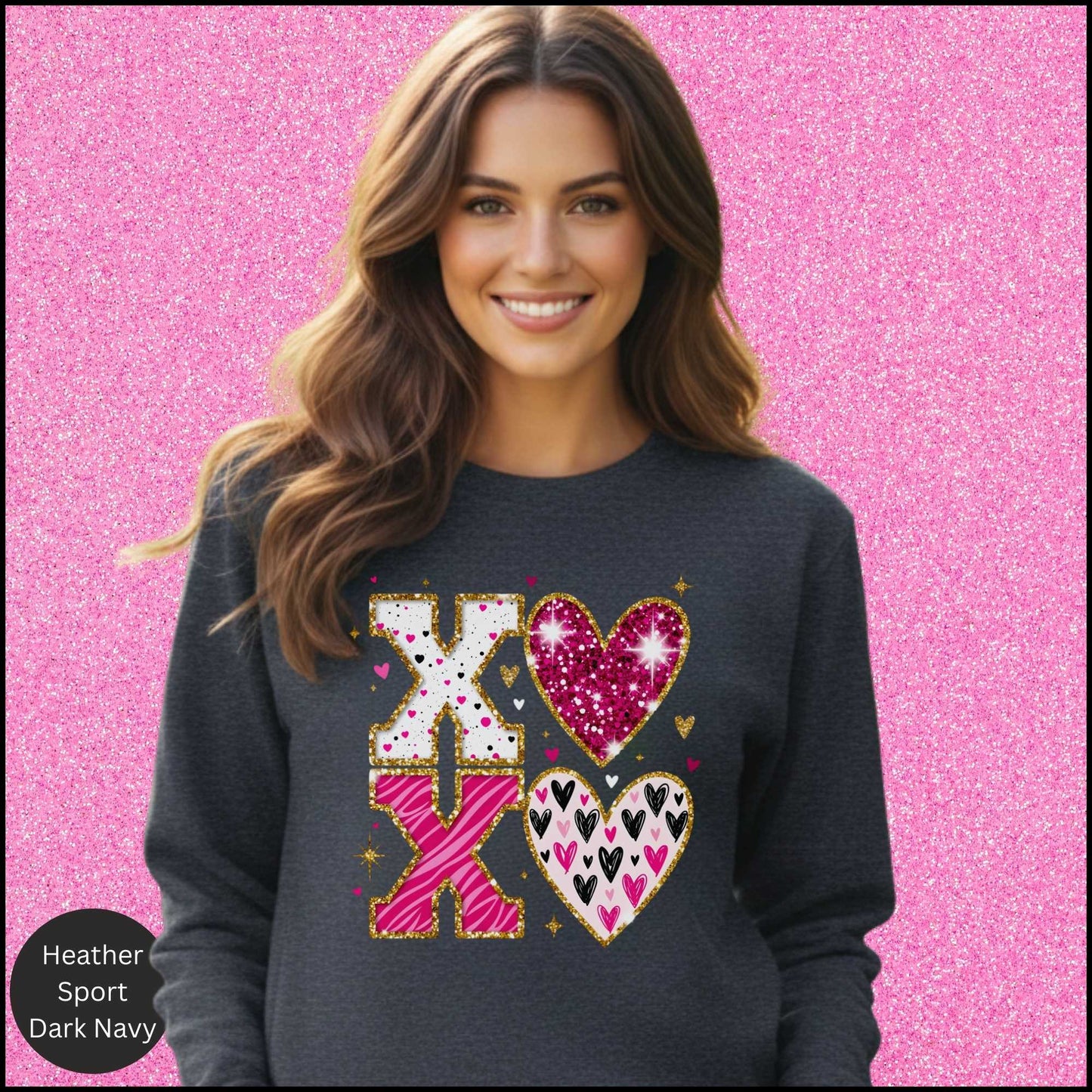XOXO Sweatshirt, Glitter Valentine Crewneck, Pink Gold Heart Sweatshirt, Sparkly Love Shirt, Valentine Gift for Her